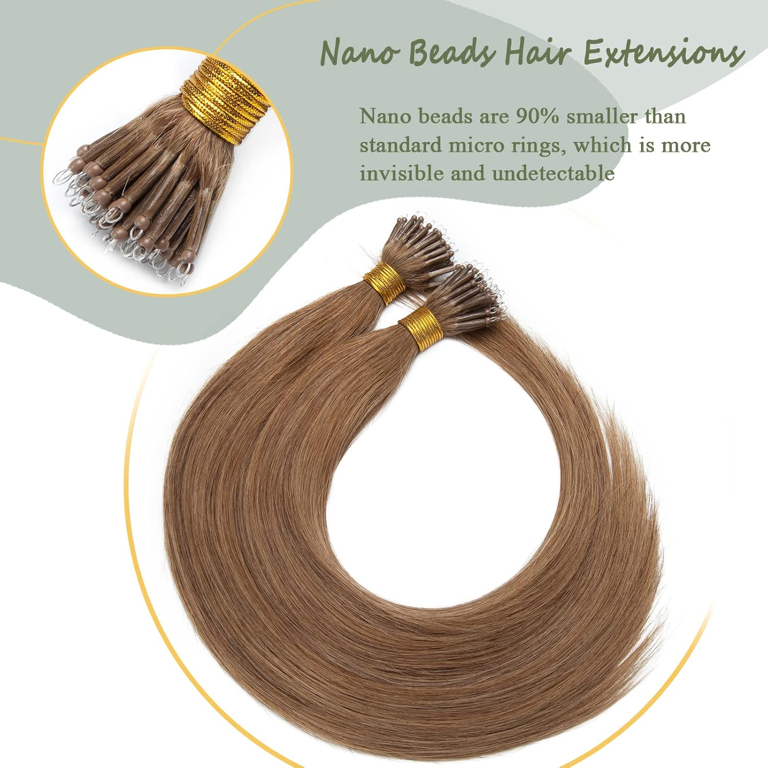 SEGO Nano Bead Ring Human Hair Extension Pre Bonded Nano Tip Remy Hair Extensions Micro Beads Rings Loop Hand Tied Hairpiece 22 Inch #06 Light Brown 1g/strand 50g/pack