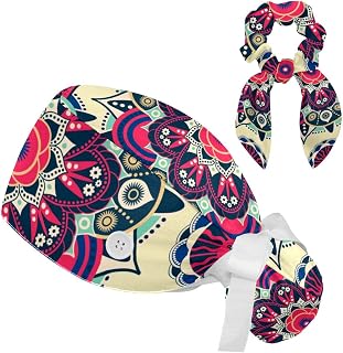 FVQL 2 Pieces Surgical Cap for Long Hair Scrub Cap with Hairband Nurse Cap, Ethnic Floral Pattern Art