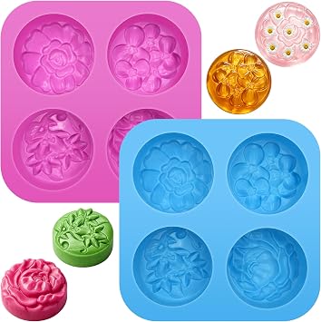 4-Cavities Flower Round Soap Molds 2 Pack Flowers Soap Mold Flower Candle Silicone Molds Flowers Chocolate Mold for Pudding Homemade Craft Wax Baking Ice Cube Tray Jelly