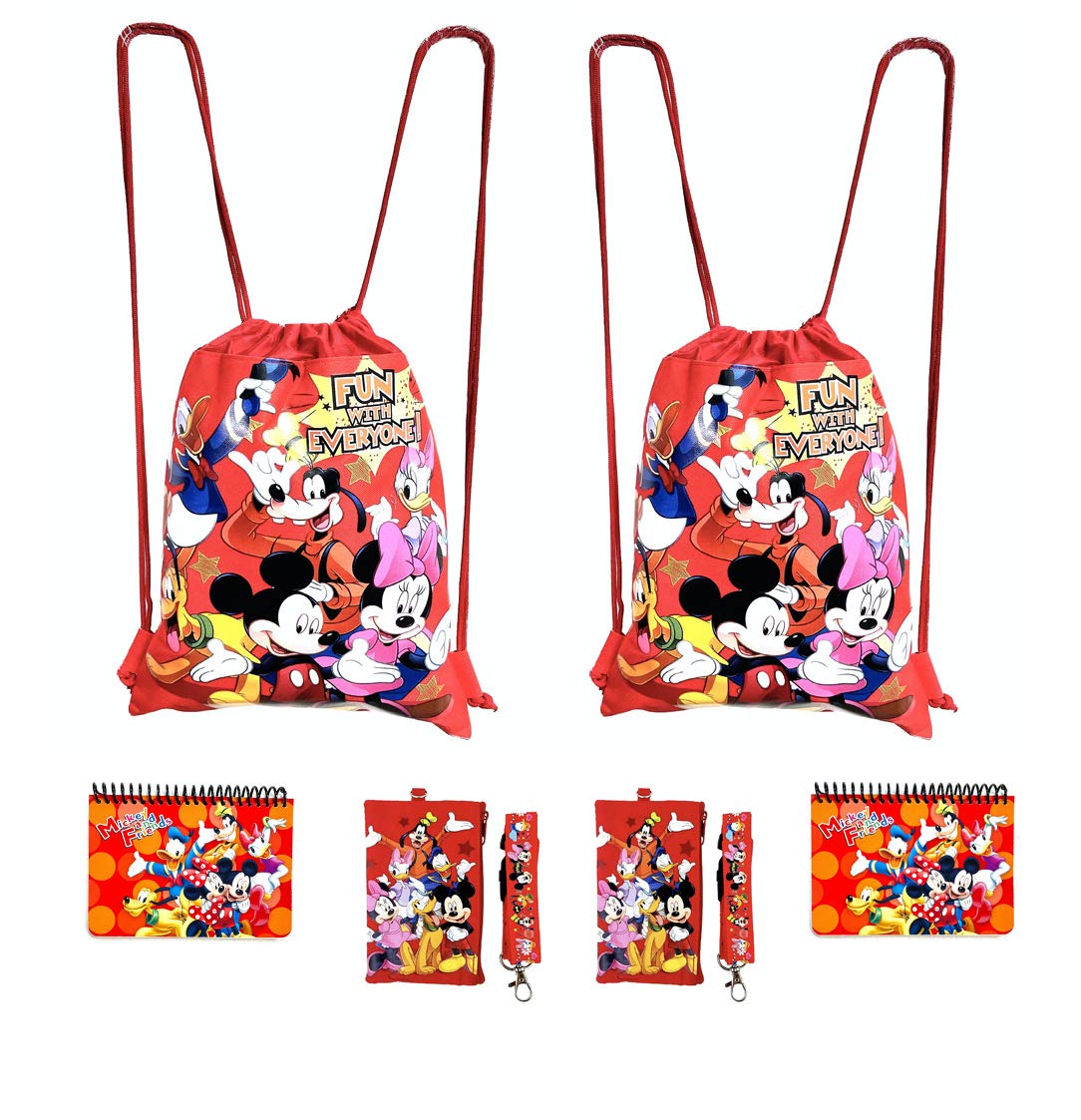 DisneyMickey and Minnie Mouse Drawstring unisex-adult Backpacks Plus Lanyards with Detachable Coin Purse and Autograph Books (Set of 6) (Red - Red)