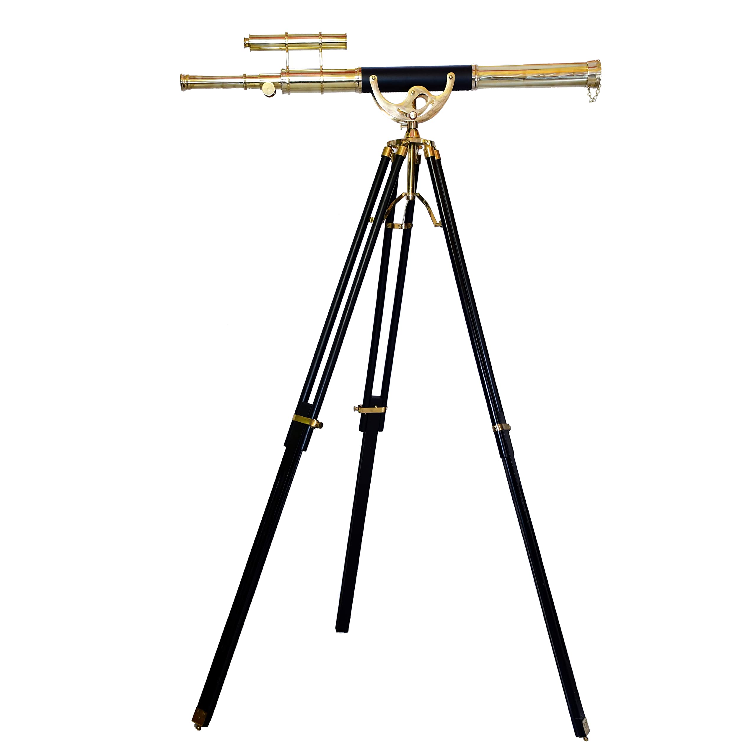 Navirock Vintage Double Barrel Shiny Brass Telescope Floor Standing Wooden Stand Home Collectible Telescope Stand Brown Adjustable Tripod