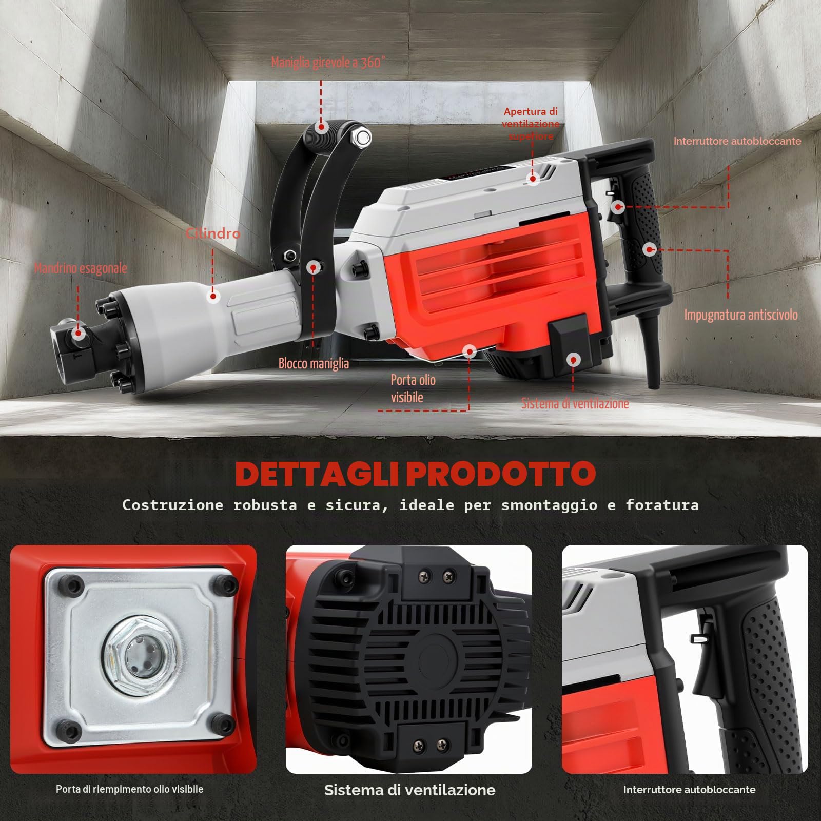 Martello Demolitore 3500W SDS-Hex, 60 Joule, Martello Pneumatico con Impugnatura Anti-Vibrazione, 2 Scalpelli Inclusi e Scatola di Trasporto, Tassellatore per Calcestruzzo e Demolizioni Pesanti