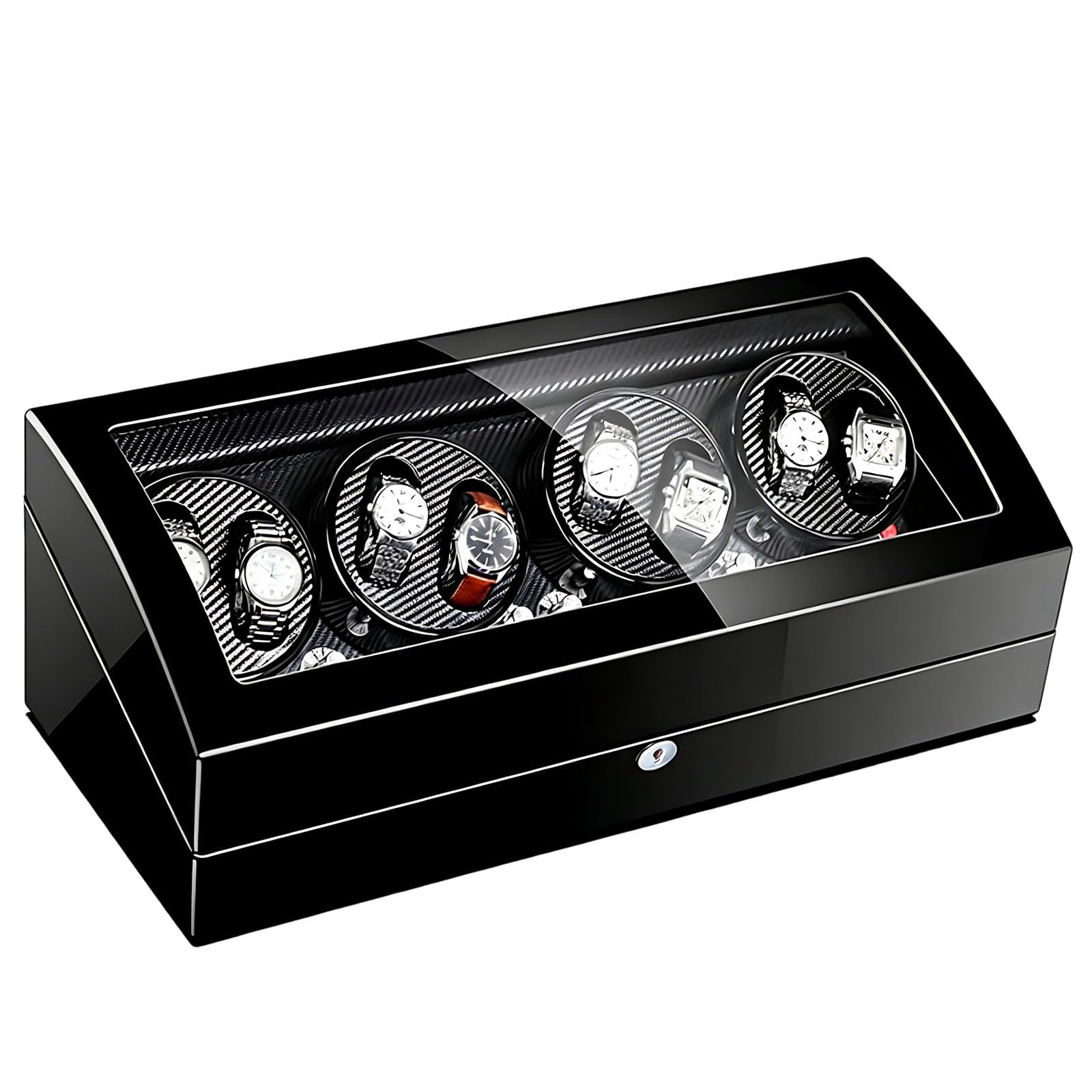 Uhrenbox Automatik Hochglanz Lackiert, Uhrenbeweger für Automatikuhren, 8+9 Uhren, LED Beleuchtung Blau, Geräuscharmer Motor, Luxus Uhrenvitrine Black