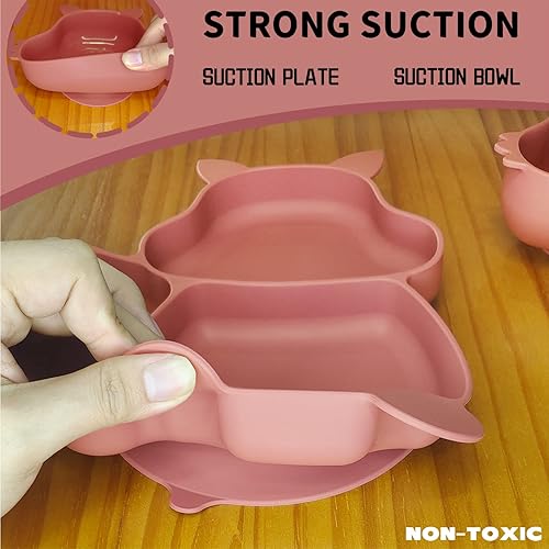 Miniatura 4 de Langmeil Placas de succión para bebés y niños pequeños, platos divididos antideslizantes con base de succión, plato 100% silicona sin BPA para bebés
