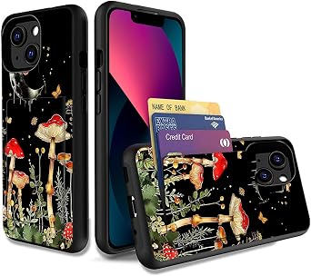 for iPhone 14 Case,Dual Layer Smooth Hard Back Cover Wallet Pocket Credit Card ID Protective Case for iPhone 14,Moonlit Mushroom