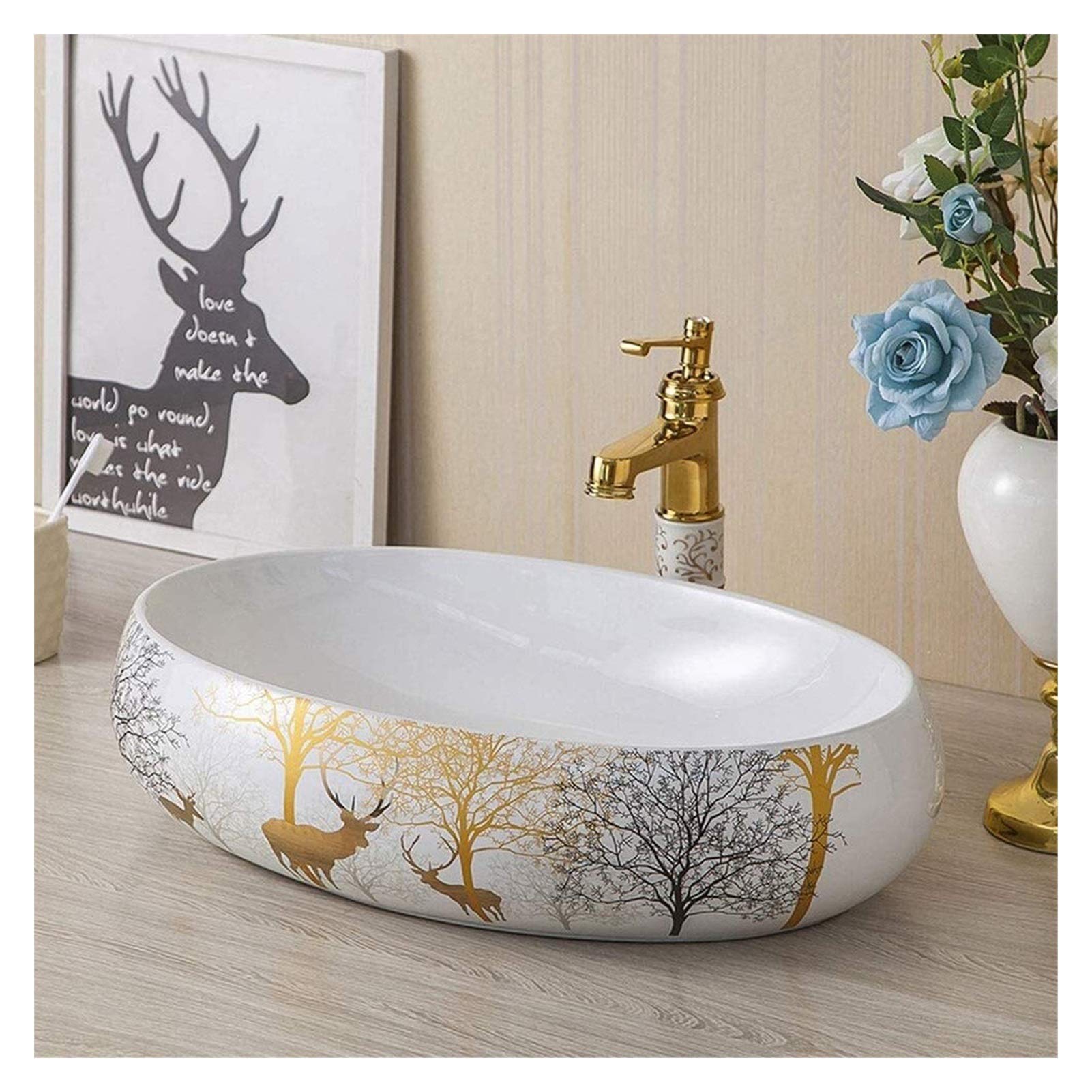 OLSKFUH Bathroom Bar Vanity Vessel Sinks Above Counter Oval Egg Shape Wash Basin Bathroom Cloakroom Porcelain Vessel Sink, Nordic Toilet Ceramic Countertop Artistic Sink Bowl,
