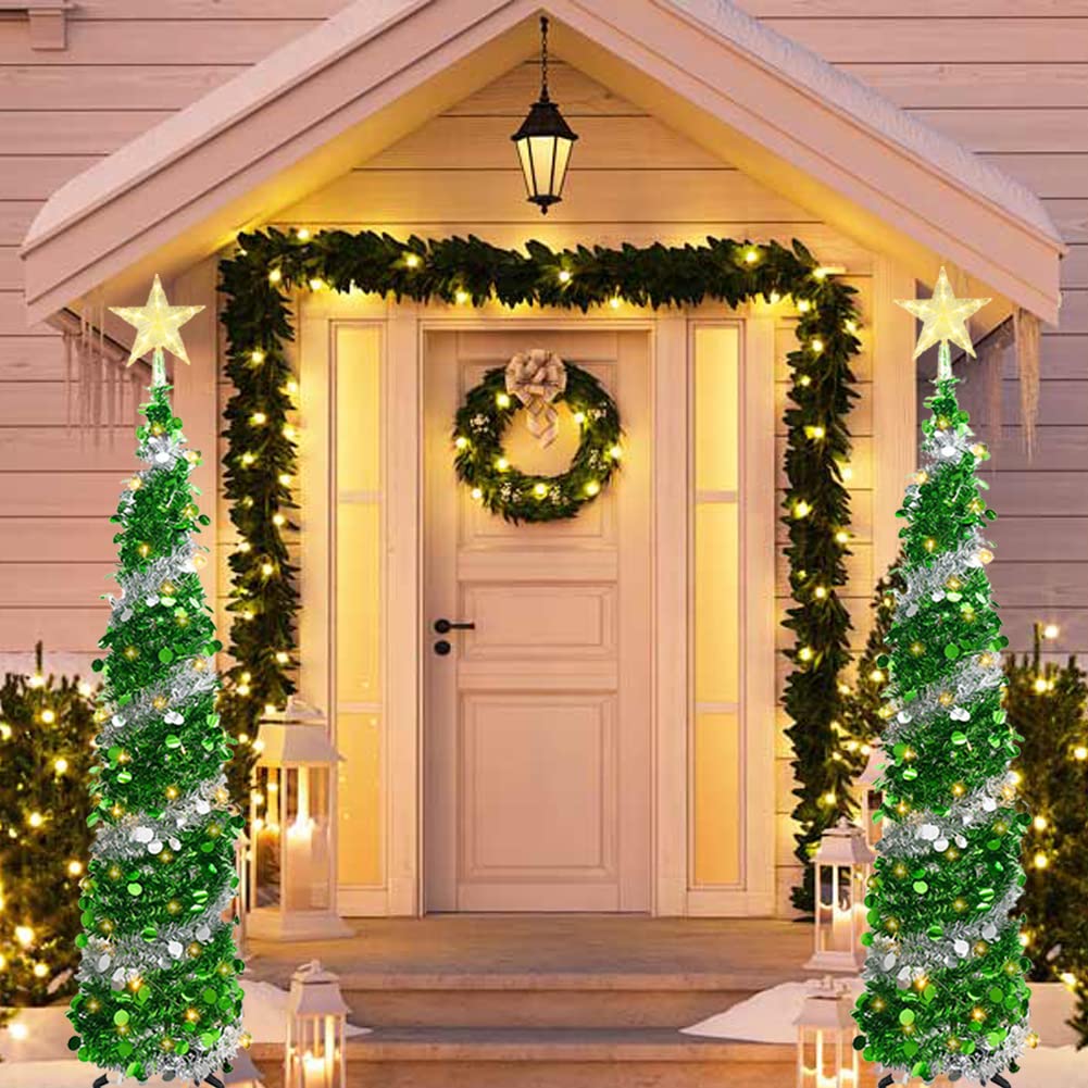 Sapin de Noël artificiel pliable avec 100 lumières LED et étoile pour les vacances, le carnaval, les fêtes, les décorations de Noël (vert)