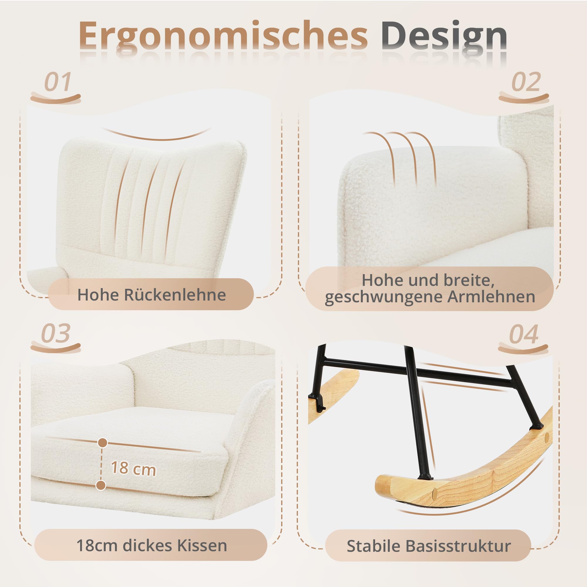 LUE BONA Schaukelstuhl aus Teddystoff mit extra dickem Sitzkissen, Polstersessel mit Armlehnen & Holzkufen, Bequemer Relaxstuhl für Wohnzimmer, Creme-beige