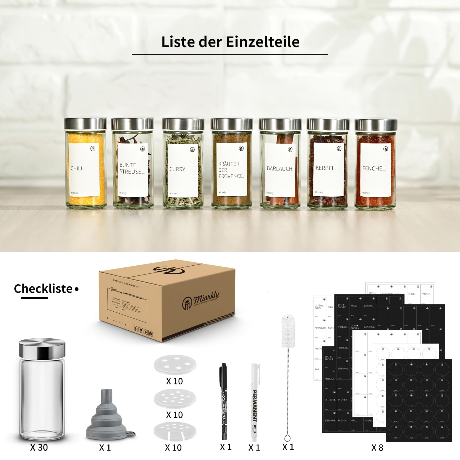 Miorkly 30 Pots à éPices en Acier Inoxydable De Qualité SupéRieure avec Couvercles, Pots Ronds, Contenants à éPices Transparents, Pots à éPices, Pots à éPices à éTiquettes Rondes