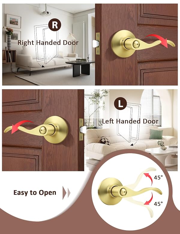 Mengico 8 Pack Gold Privacy Door Lever, Modern Interior Door Knobs Locks for Bedroom and Bathroom, Heavy Duty Door Handle, Reversible Wave Lever Handle by Mengico - Used condition - Image 3
