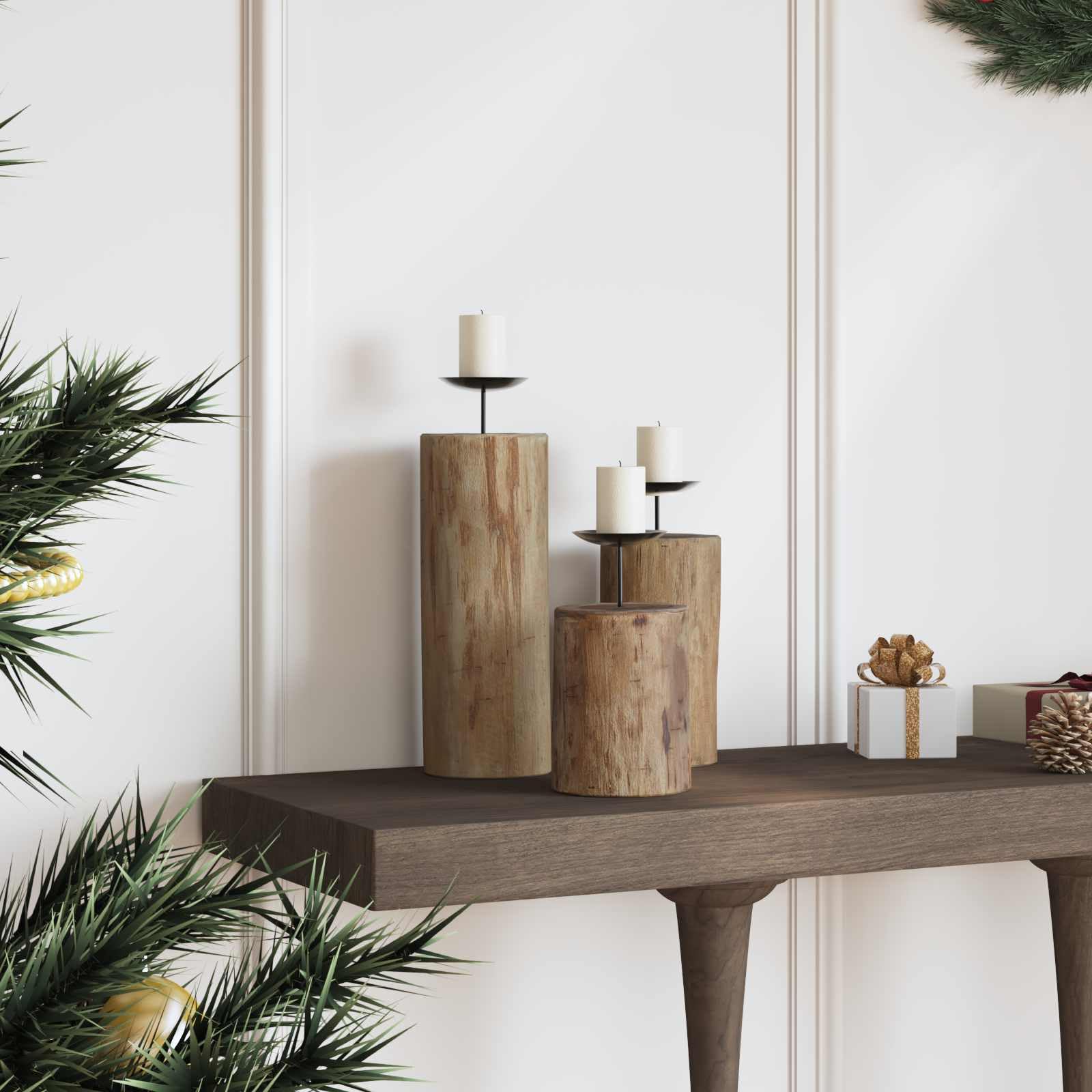 Kerzenhalter Set aus massivem Teakholz Natur, 3 Stück für Stabkerzen und Säulenkerzen, mit Maßen 12x12x29 12x12x20 12x12x15 cm, für Tischdeko im Wohnzimmer
