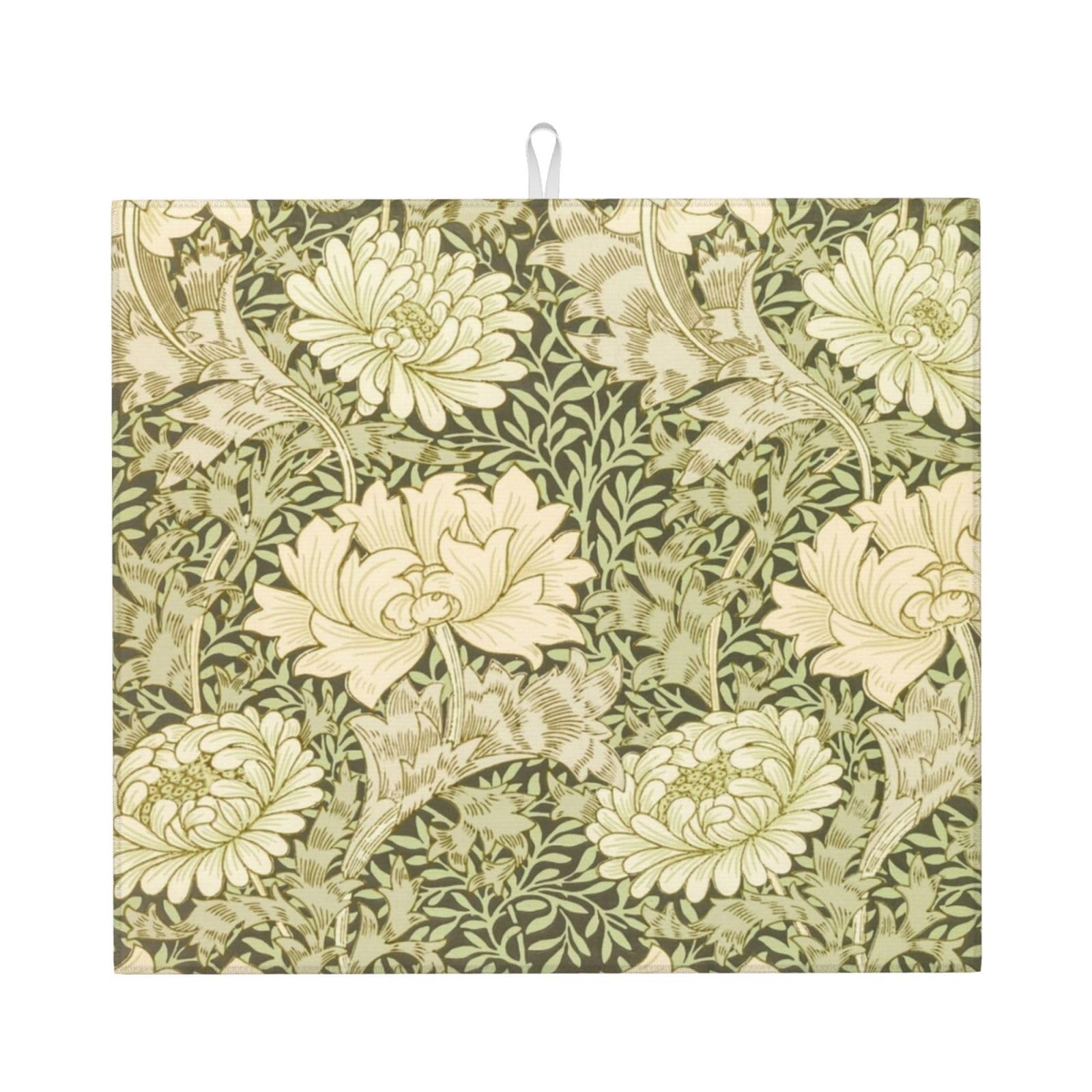 Choudhary Chrysanthemum Pattern William Morris Throw Dish Drying Mat For Kitchen Counter Absorbent Microfiber Drying Pad Reusable Washable 18""X24"", YYG-79811