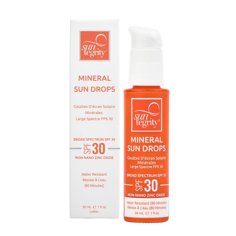 Suntegrity Mineral Sun Drops FPS 30 para o rosto com óxido de zinco não nano, fórmula sem fragrância, 22% de óxido de zinco