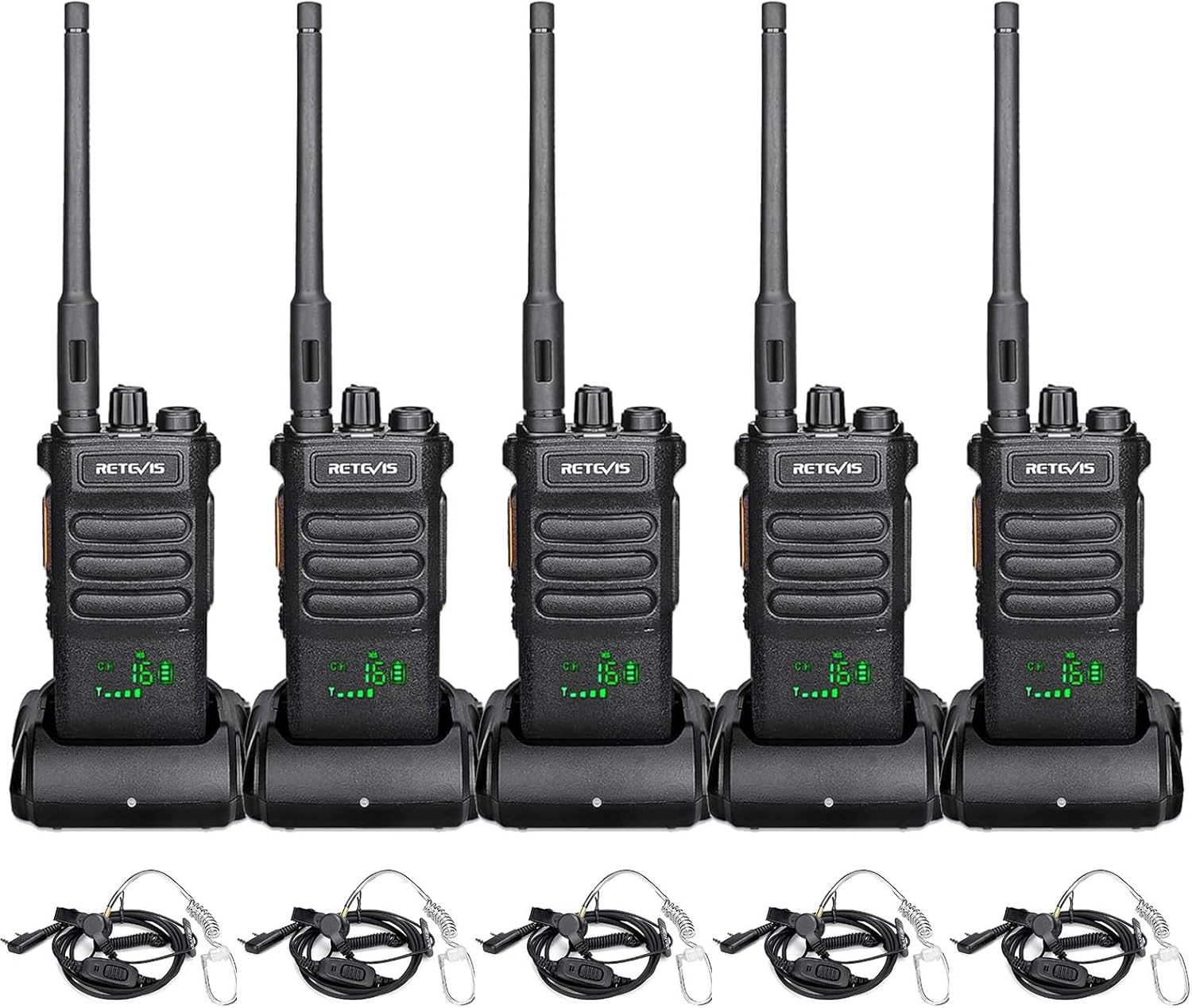 Retevis RT86 2 Way Radios Long Range,Professional Walkie Talkies Rechargeable,2600mAh,16CH Shatterproof Display,Two Way Radios with Earpiece for Warehouse Supplier(5 Pack)