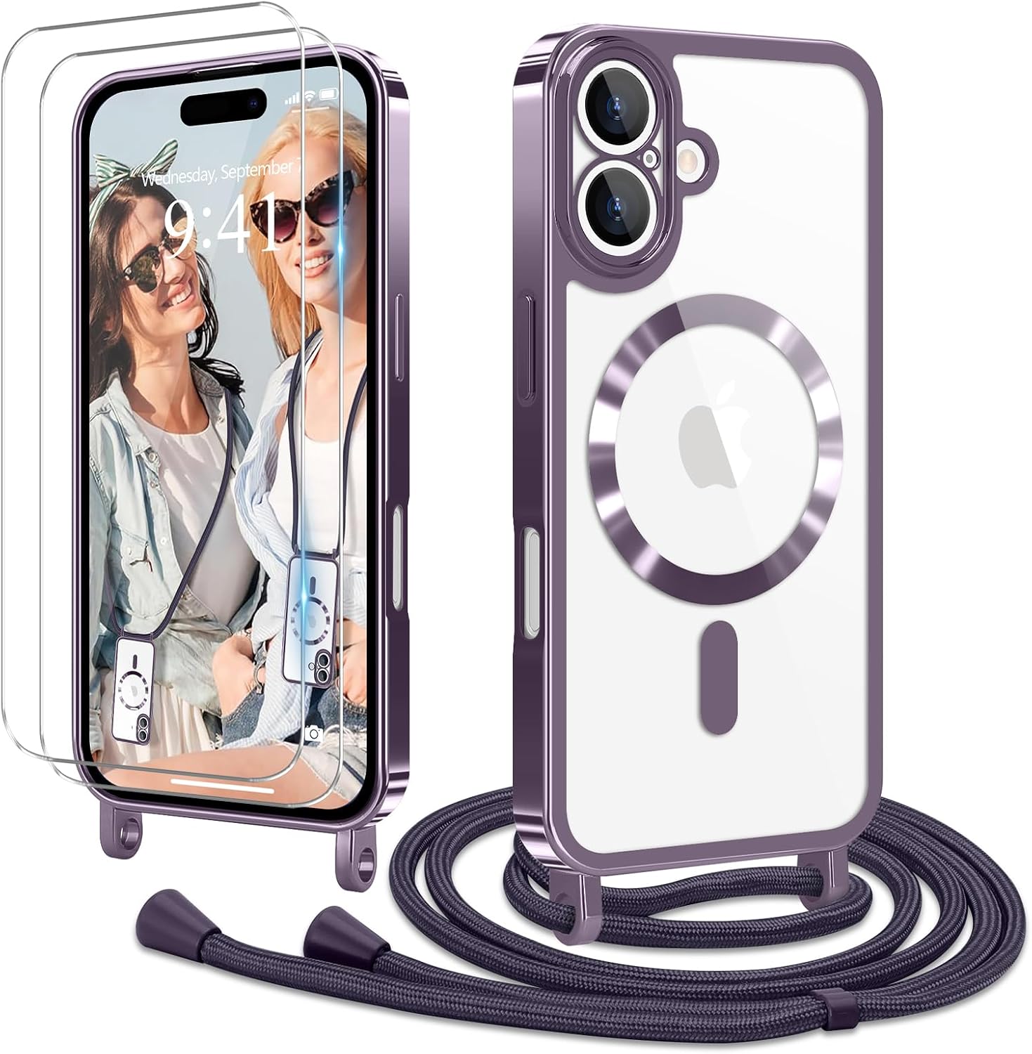 Mobile Phone Chain for iPhone 16 Case with Strap + 2 Glass Screen Protectors Transparent Silicone Mobile Phone Case Magnetic Protective Case with Strap for iPhone 16 Purple