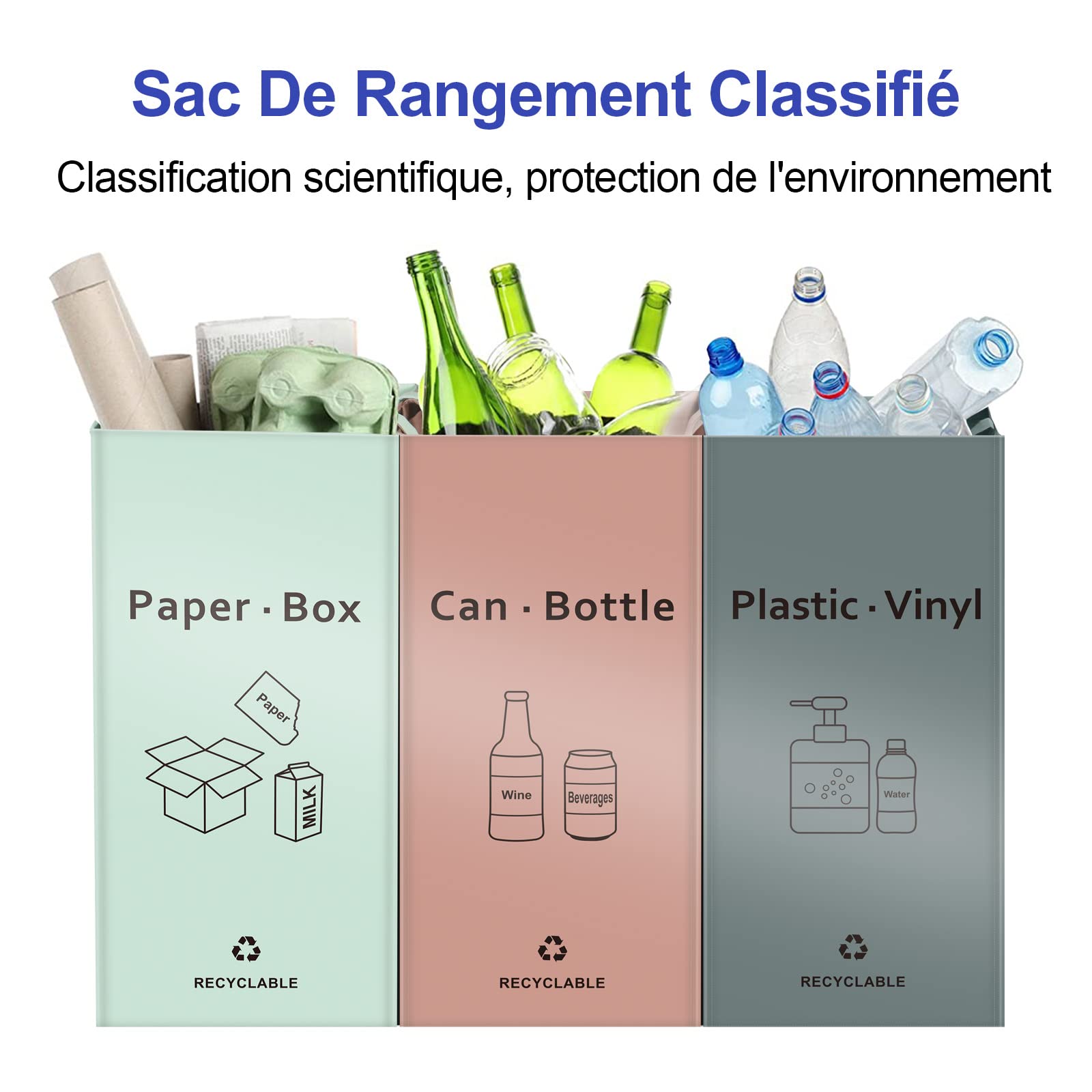 BOMEI PACK Lot de 3 Bacs de Déchets Trieur à Déchets pour Recyclage Rose Gris Vert Poubelle Extérieur Intérieur Papier Verre Plastique