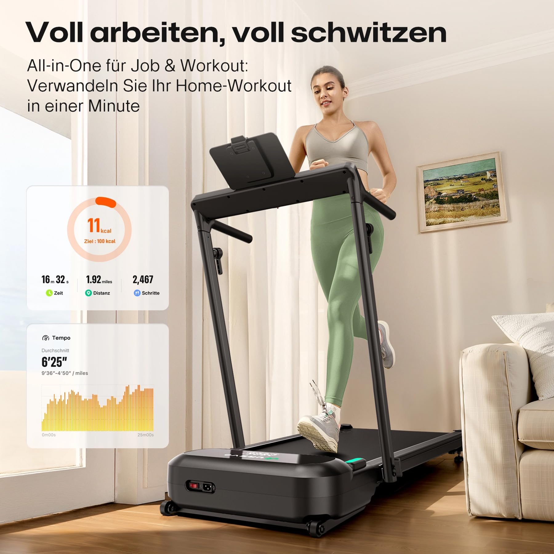 UREVO Smart Laufband mit Steigung Automatisch, Laufband Schreibtisch & Workstation, Flüsterleiser Dual-Brushless-Motor (10× Lebensdauer), 16" Laptop-Fit, 190% Mehr Kalorien, Knie-schonend