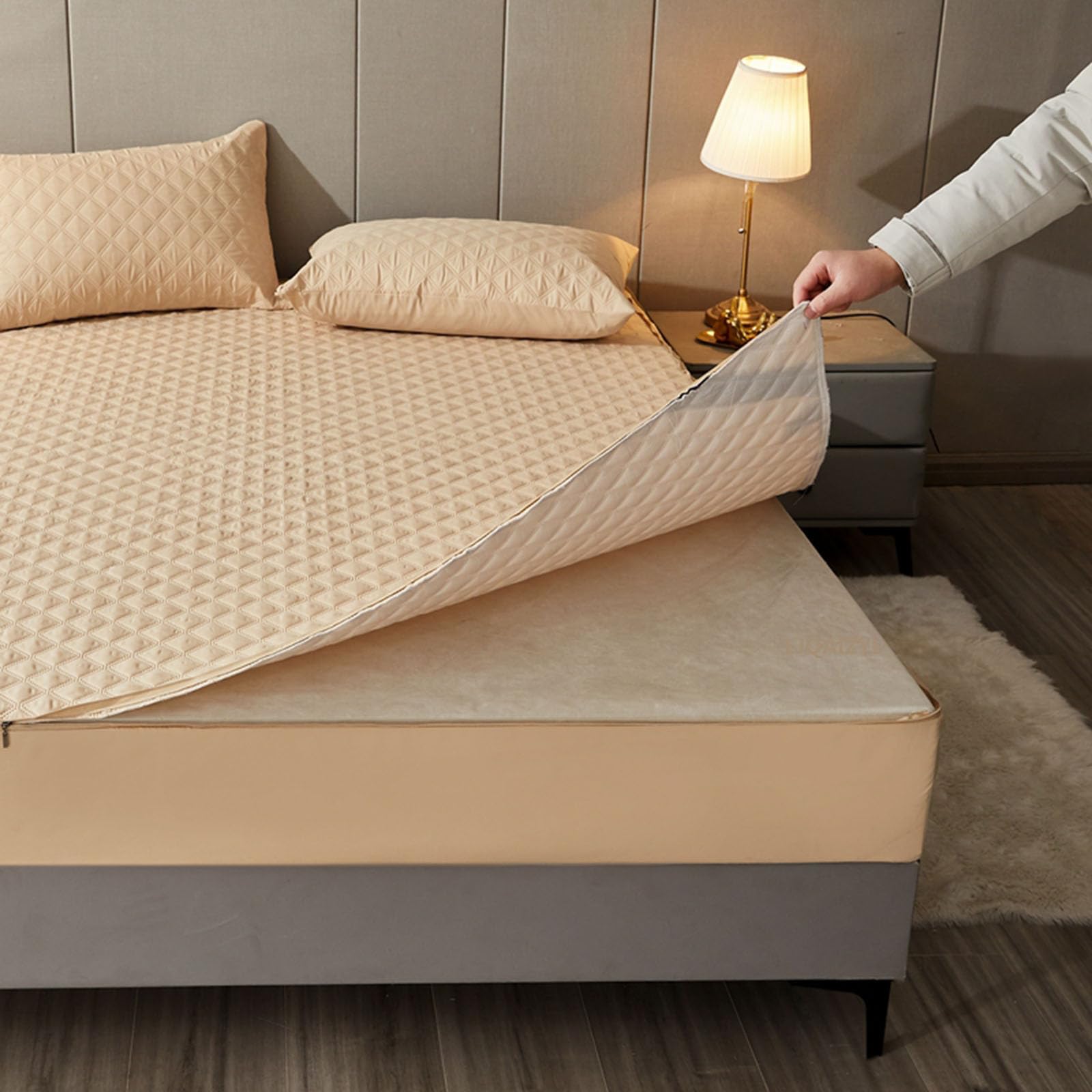 Protège-Matelas Imperméable avec Fermeture éclair 140x190/200 Personnalisable Housse de Protection Matelas Déménagement Lavable Couvre Matelas Housse Integrale Matelas Matelassé (200x210+15cm,Camel)