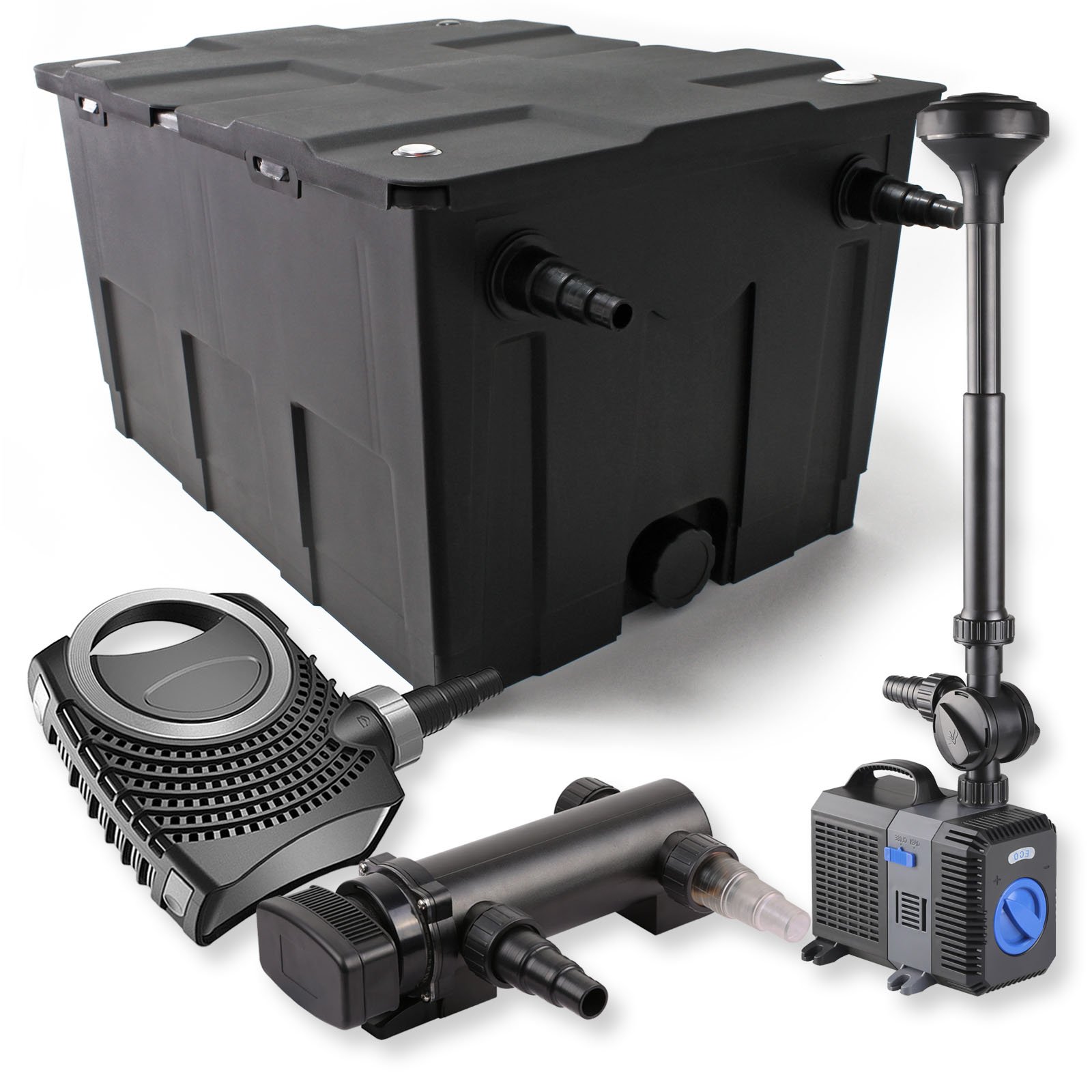 SunSun Kit complet: CBF-550 Filtre de bassin jusqu'à 60000 L Biologique, NEO7000 pompe de filtration 7000l/h 50W, CUV-318 lampe uv UVC Clarificateur avec 18W, CTP-2803 Pompe pour fontaine 3000l/h 10W