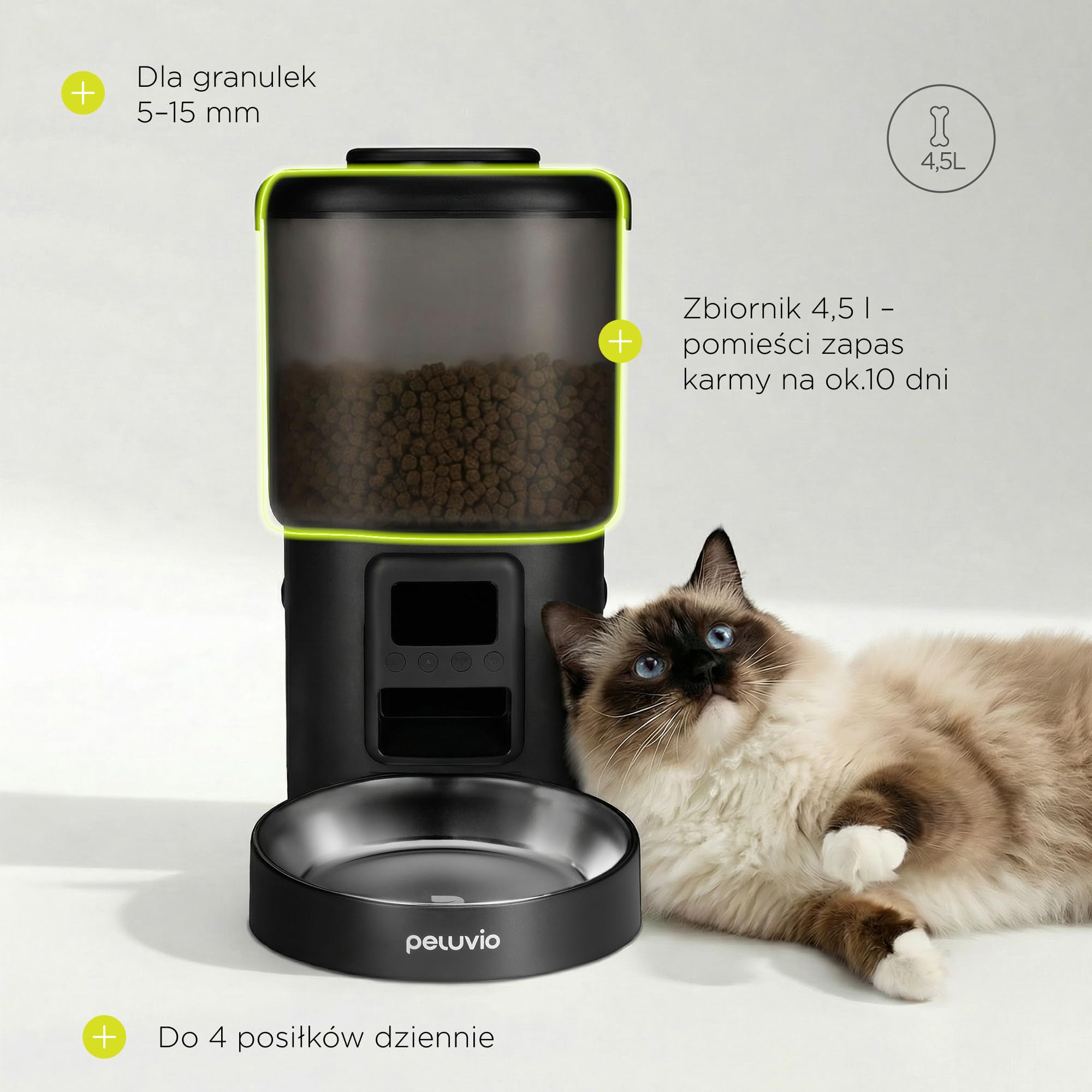 CRISPY Automatyczny dozownik karmy dla psów i kotów 4,5 l z programowalnymi porcjami, zegarem i wyświetlaczem LCD, stalową miską, USB-C, dozownik krokietów i wody dla zwierząt domowych (czarny