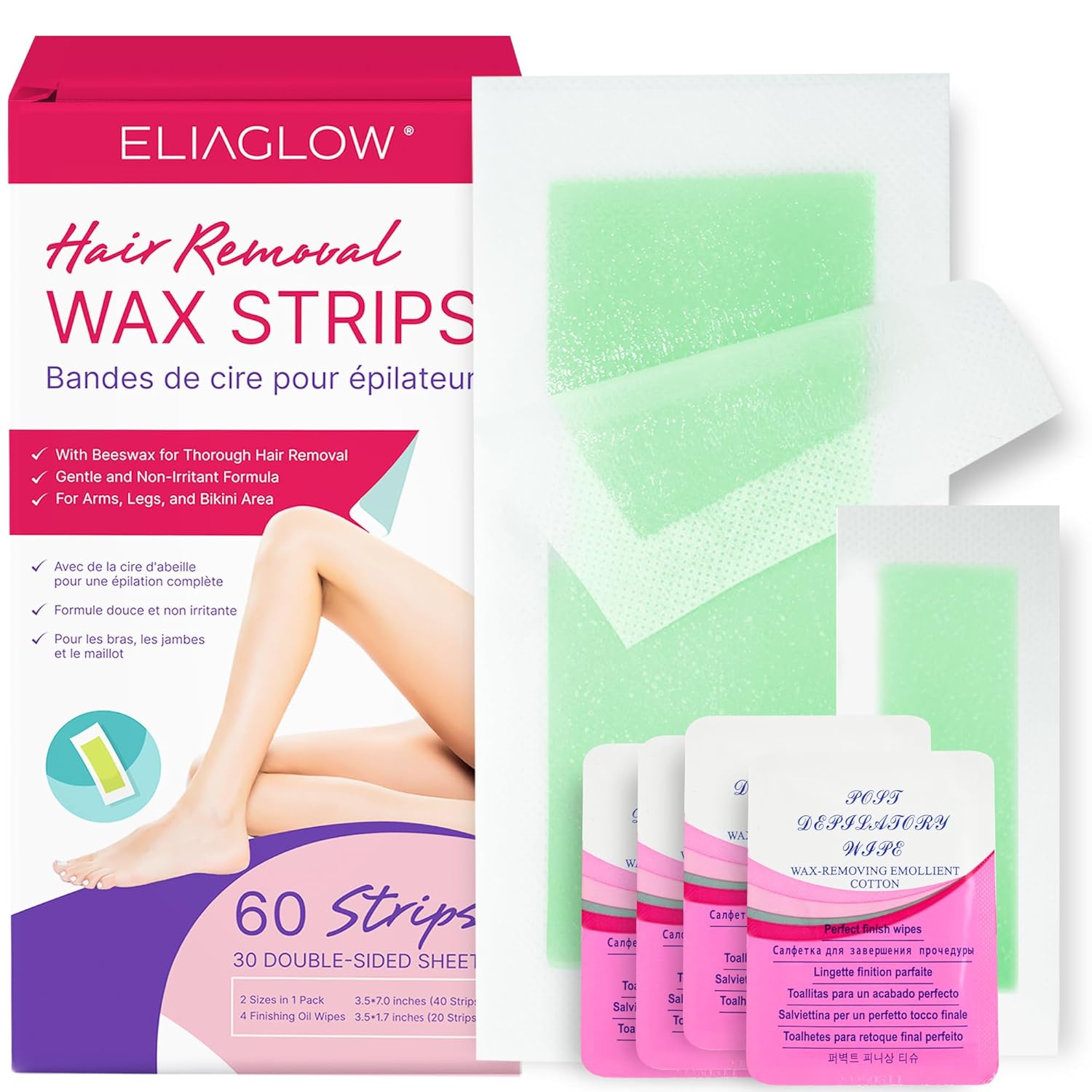 Wax Strips Hair Removal for Women: Waxing Kit with 60 Pcs Body Waxing Strips Dual Sides & 4 Calming Oil Wipe For Face, Bikini, Legs, Lip, Brazilian Wax Kit At Home, Hypoallergenic All Skin Type Wax Strips Hair Removal for Women: Waxing Kit with 60 Pcs Body Waxing Strips Dual Sides & 4 Calming Oil Wipe For Face, Bikini, Legs, Lip, Brazilian Wax Kit At Home, Hypoallergenic All Skin Type