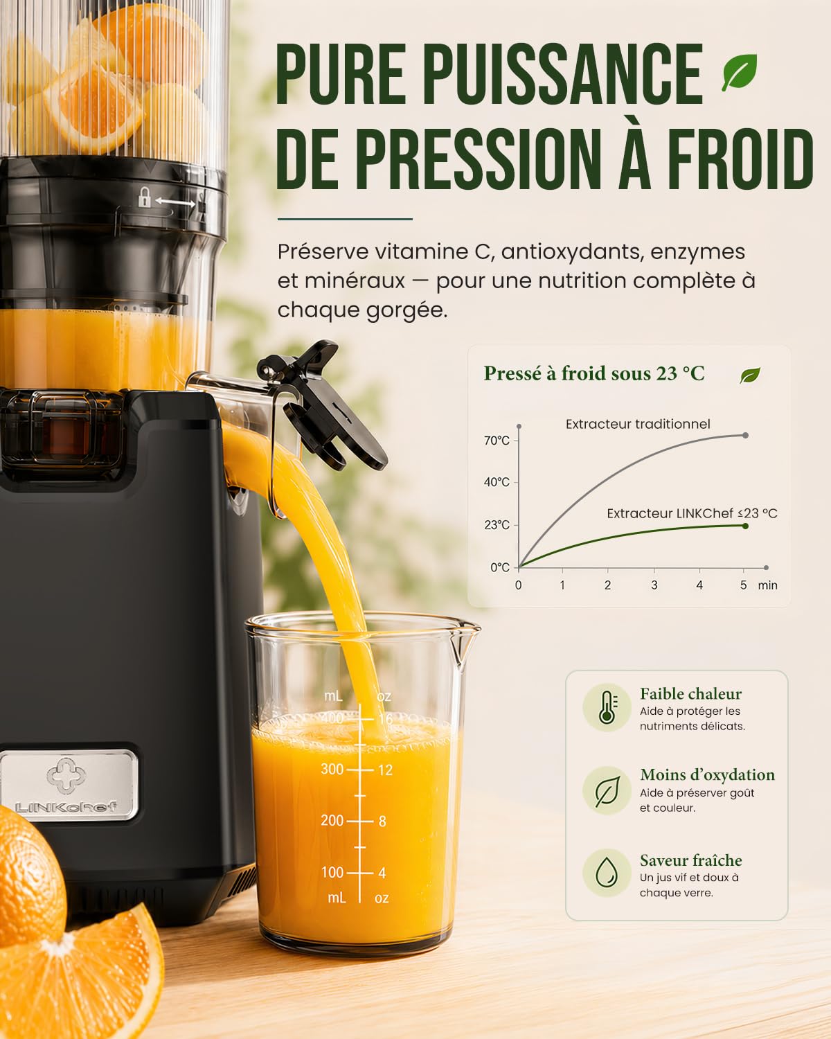 LINKChef Extracteur de Jus de Fruits et Légumes, 250 W Juicer Machine avec Goulotte Large 13 cm, Slow Juicer Sans BPA, Facile à Nettoyer, 1,8 L, Recettes de Jus Incluses