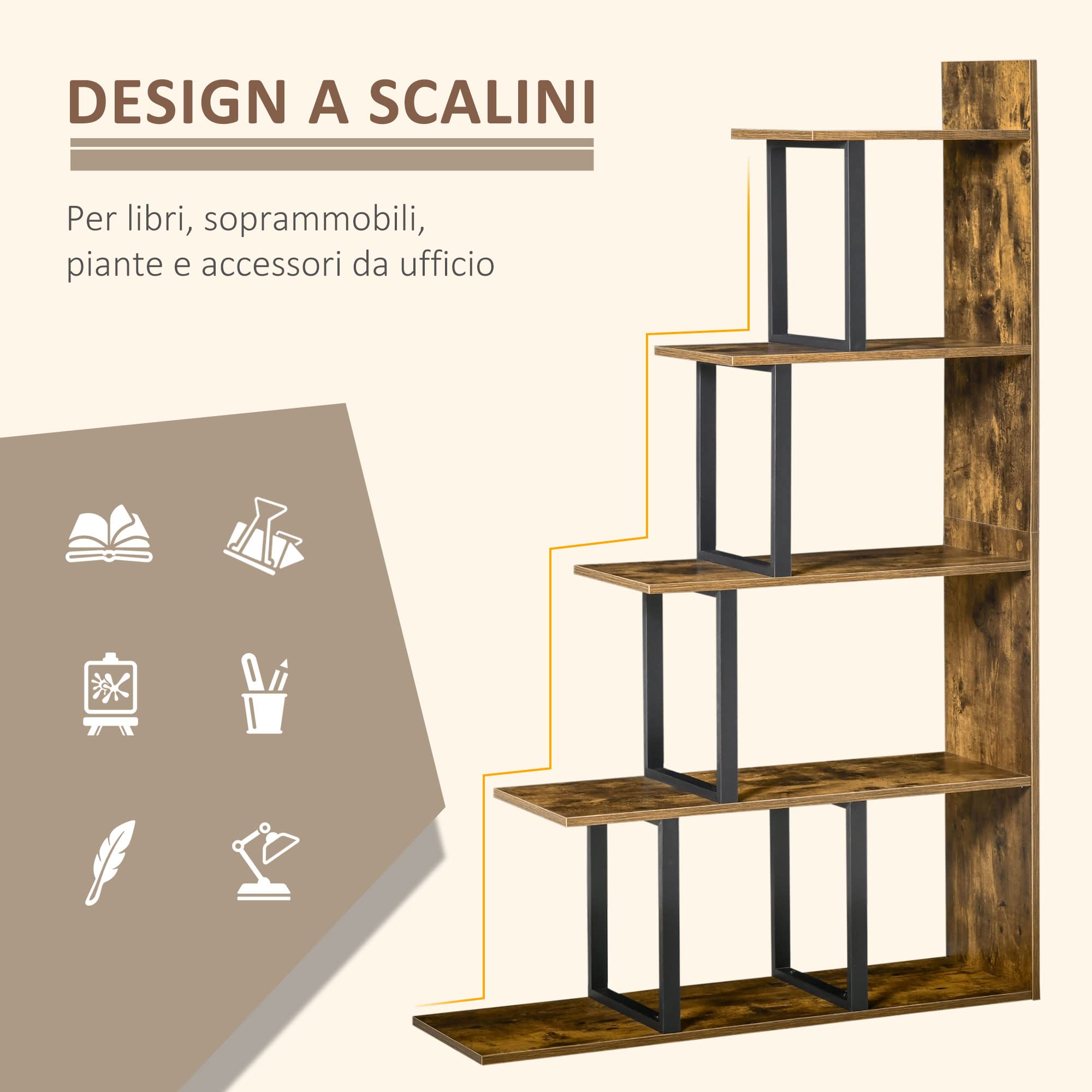 HOMCOM Libreria Antiribaltamento Stile Industriale, Scaffale Vintage con 5 Ripiani in Truciolato, 102x30x160cm