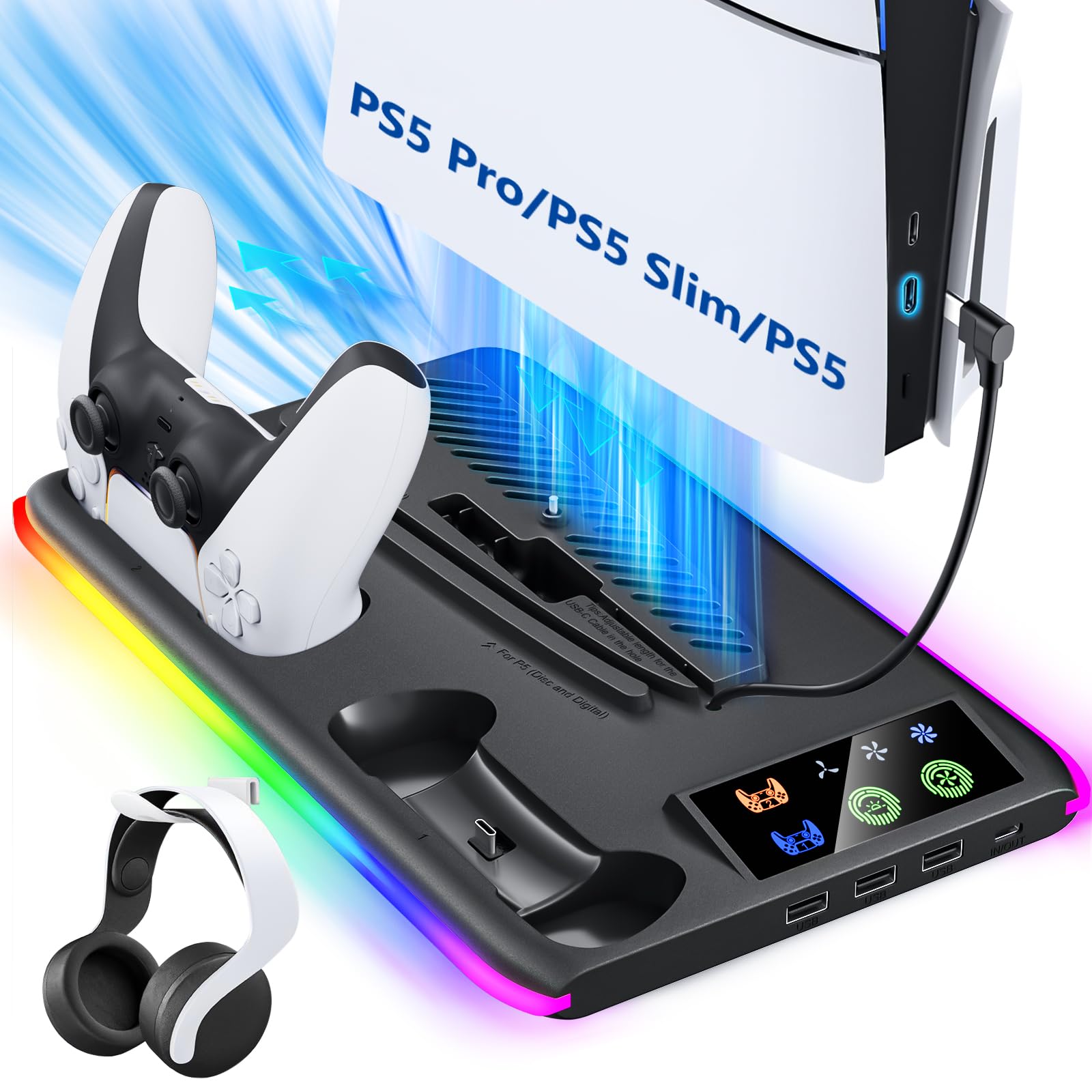BRHE PS5/Slim/Pro Cooling & Charging Station with Cooling Fan,PS5/Slim/Pro Stand for Disc & Digital Console,PS5 Controller Charger,PS5 Accessories with 3 Charging Ports,Headset Holder