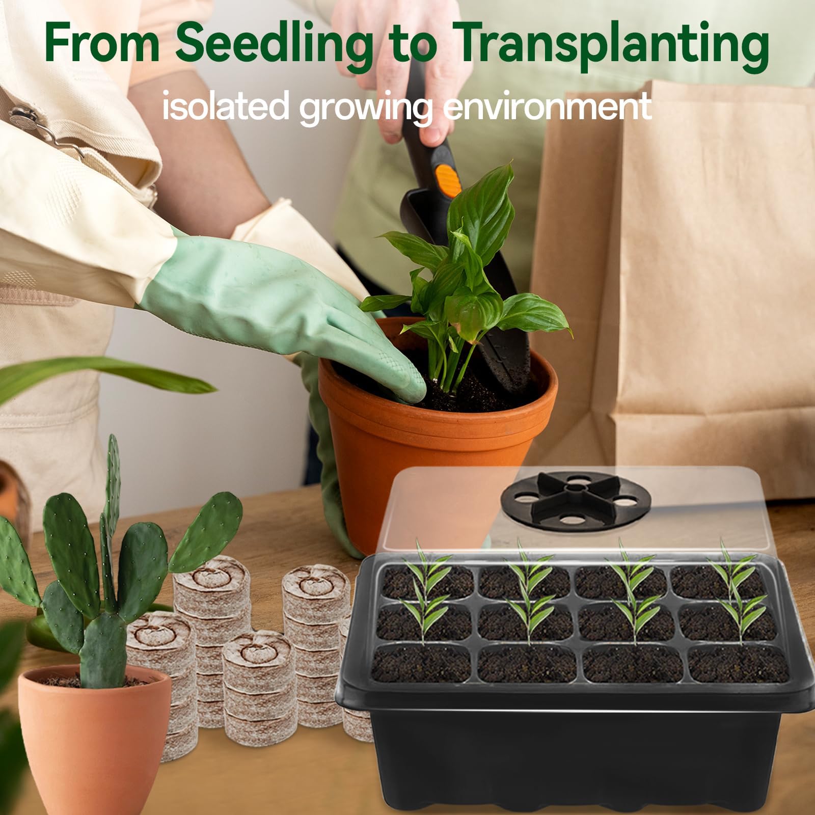 Juego de iniciación de semillas para plántulas, 50 pellets de turba y 48 celdas, mini bandejas de iniciación de plántulas de jardín con cúpula de humedad ventilada para plantas, flores y verduras