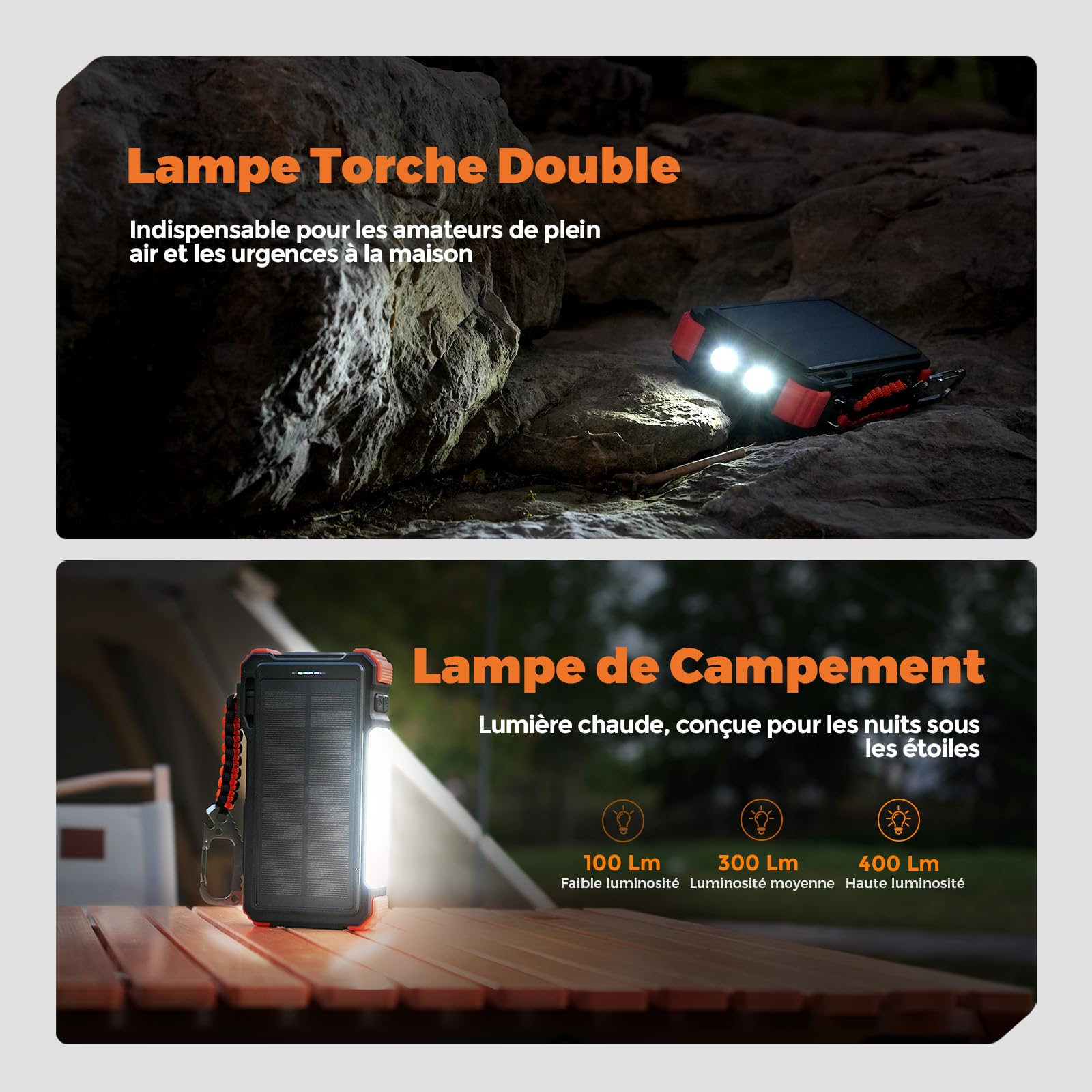 BLAVOR Chargeur Solaire avec Câbles Intégrés 20000mAh Batterie Externe Solaire 20W USB C Battery Pack avec Lampe Camping, Lampe Poche pour Téléphones Portables, Charge sans Fil pour Apple Watch