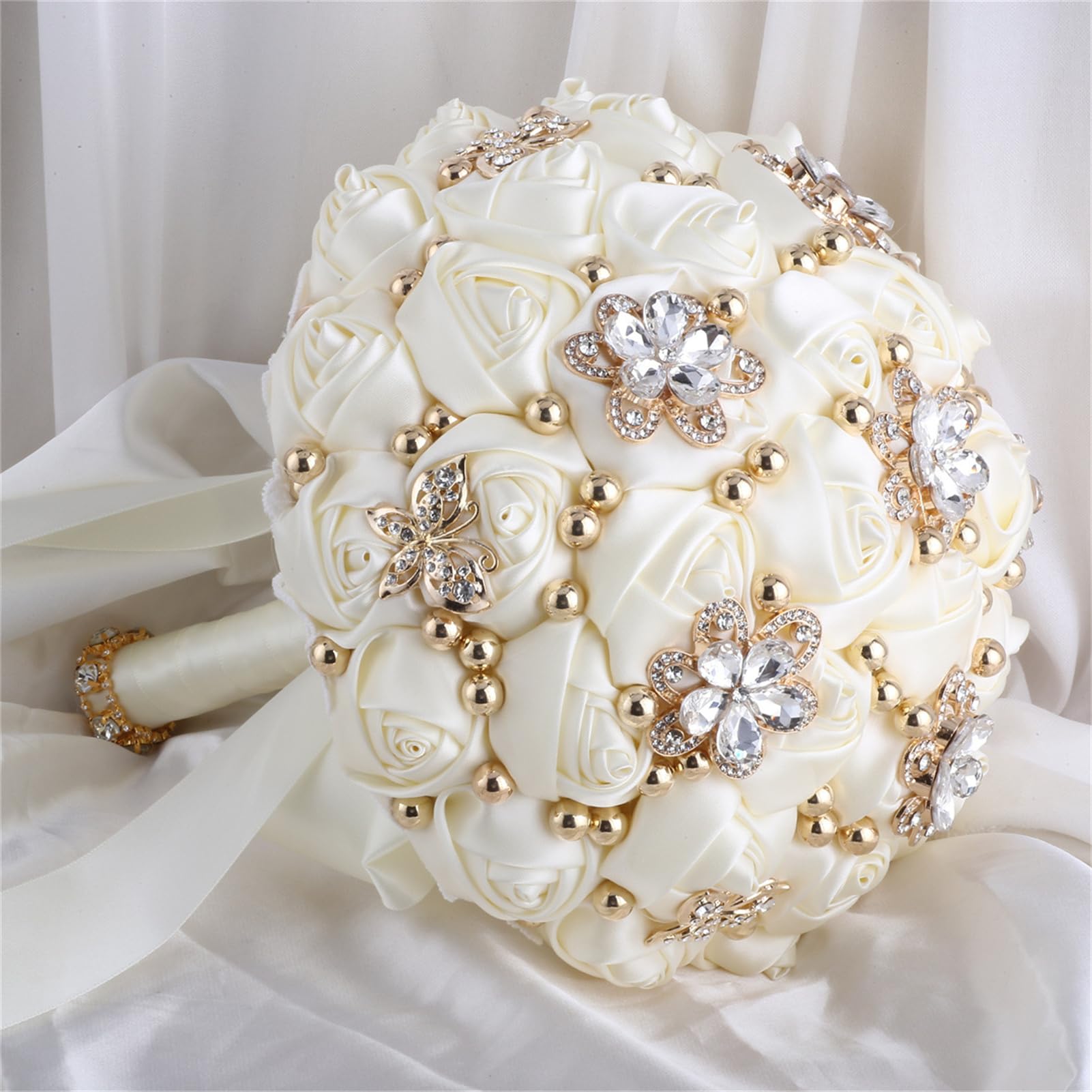 Ramo de rosas artificiales para novia, dama de honor, boda, quinceañera, ramo de rosas artificiales con broche brillante (66#marfil, grande (24 cm de diámetro)