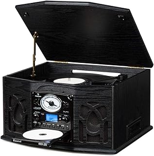 AUNA NR-620 Record Player - Vinyl Player, Turntable, Retro Record Player, CD player, VHF radio, Belt Drive, max. 45 rpm, USB/SD, Remote, Cassette Slot, Digitizing Function, Black