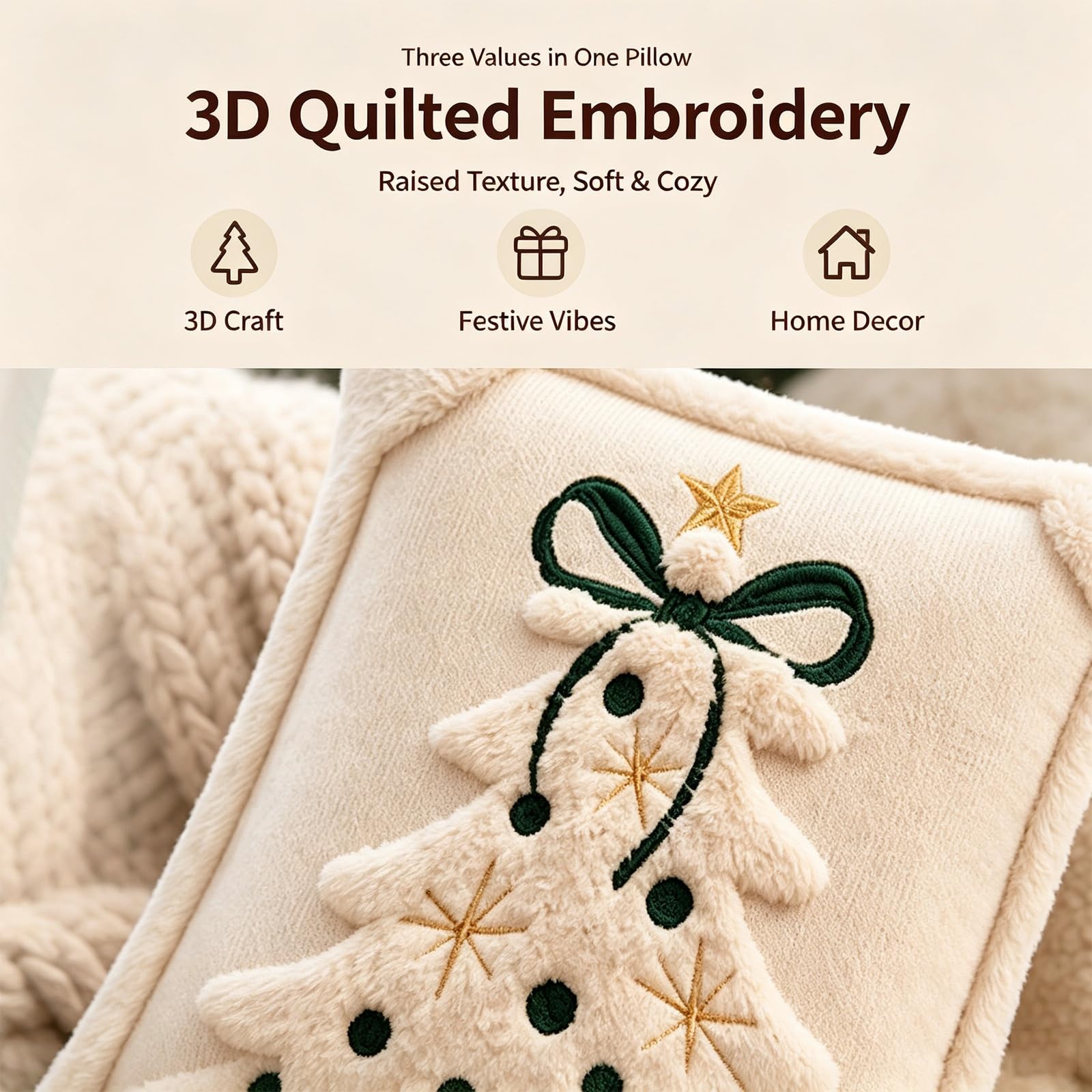 Cojín Decorativo con Forma De Árbol De Navidad De 45 X 45 Cm, Cojín Cuadrado Decorativo Acolchado 3D con Lazo, Almohada Cuadrada Suave Y Afelpada para Sofá Sillón Dormitorio(W+g)