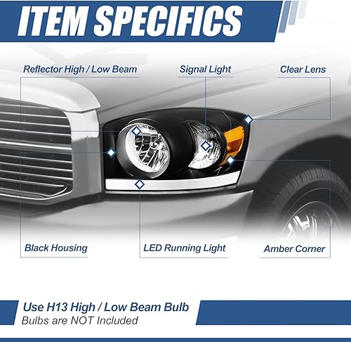 Miniatura 2 de Auto Dynasty Conjunto de faros LED DRL compatible con Dodge Ram 1500 2500 3500 2006-2009, lado del conductor y del pasajero, carcasa negra esquina