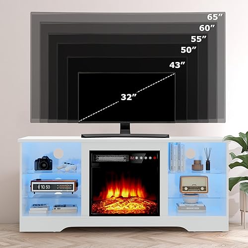 Miniatura 11 de PUKAMI Soporte de TV con chimenea de 18 pulgadas para sala de estar, centro de entretenimiento de 58 pulgadas con luces para patas, armario moderno