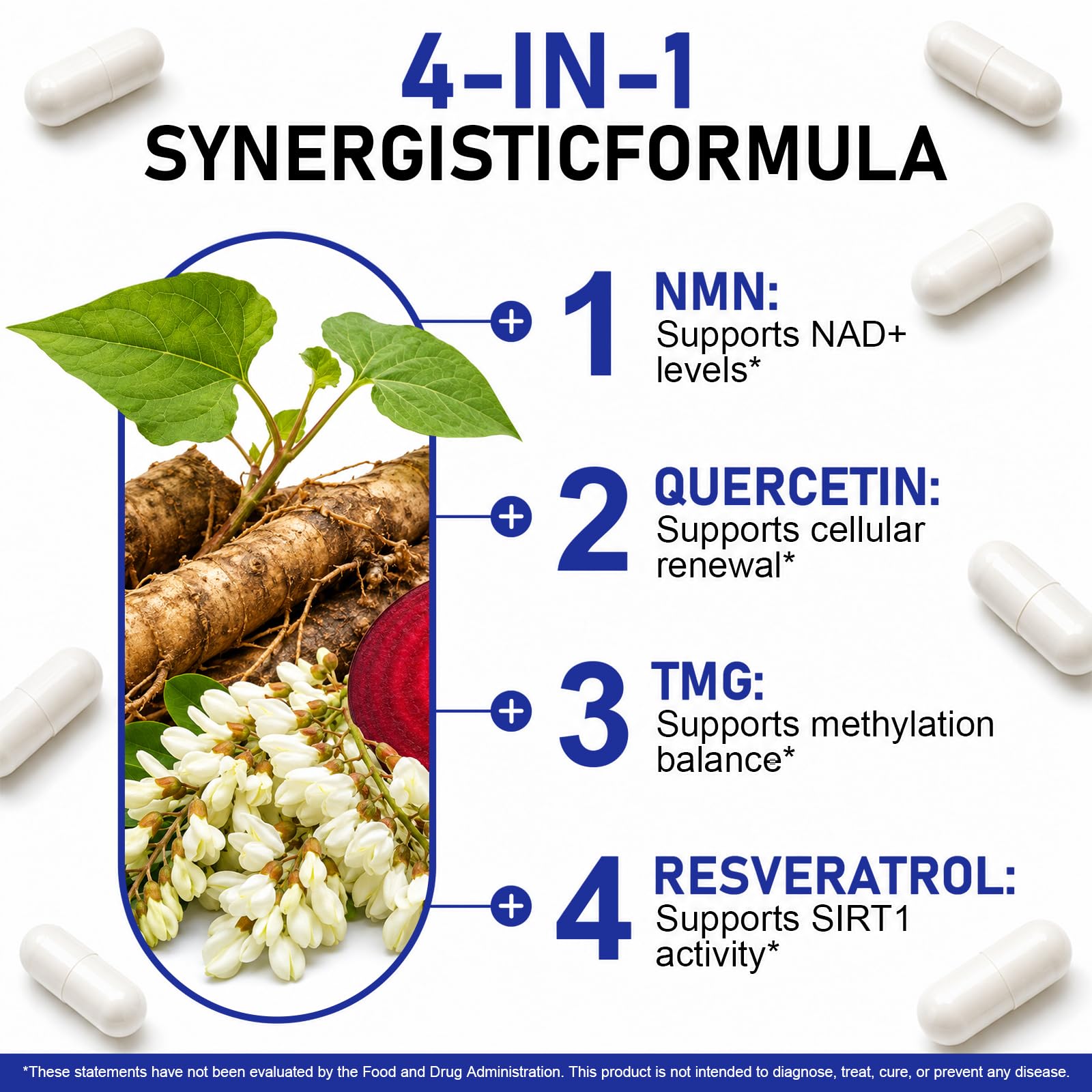 NMN Supplement 1000mg, 4-in-1 NAD Supplement with Quercetin | TMG | Resveratrol | NMN, NAD+ Support & Optimizer for Cellular Energy, 120 Capsules — Amazon image 2