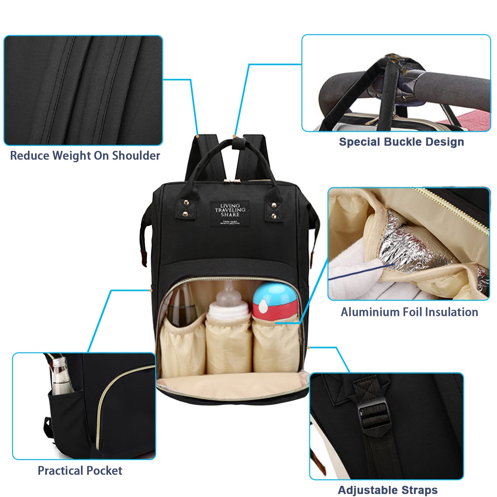 Bolsa de pañales con bolsas organizadoras, bolsa de pañales multifunción para el cuidado del bebé, mochila de viaje de gran capacidad, Negro -, L, Mochilas de viaje