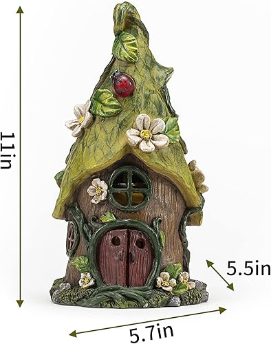 Miniatura 7 de AIINY Estatuas solares de decoración de jardín de 11 pulgadas, esculturas de casas de gnomos de resina grande, decoraciones LED verdes de primavera