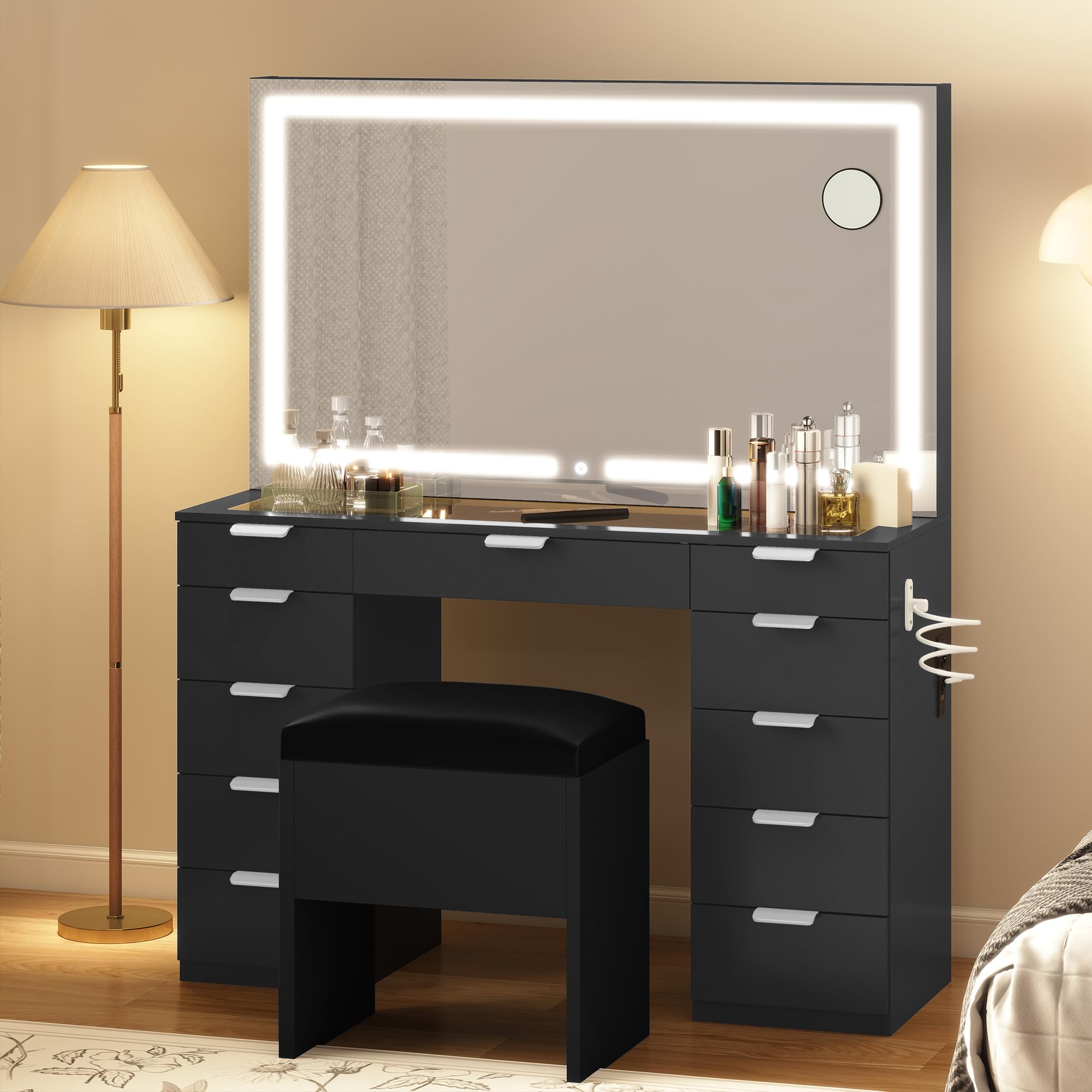 DWVO Schminktisch mit Spiegel, Kosmetiktisch mit 11 Schubladen, Beleuchtung, Steckdose, schwarz (Make Up Tisch, Frisiertisch, Kosmetiktisch, Vanity Table)