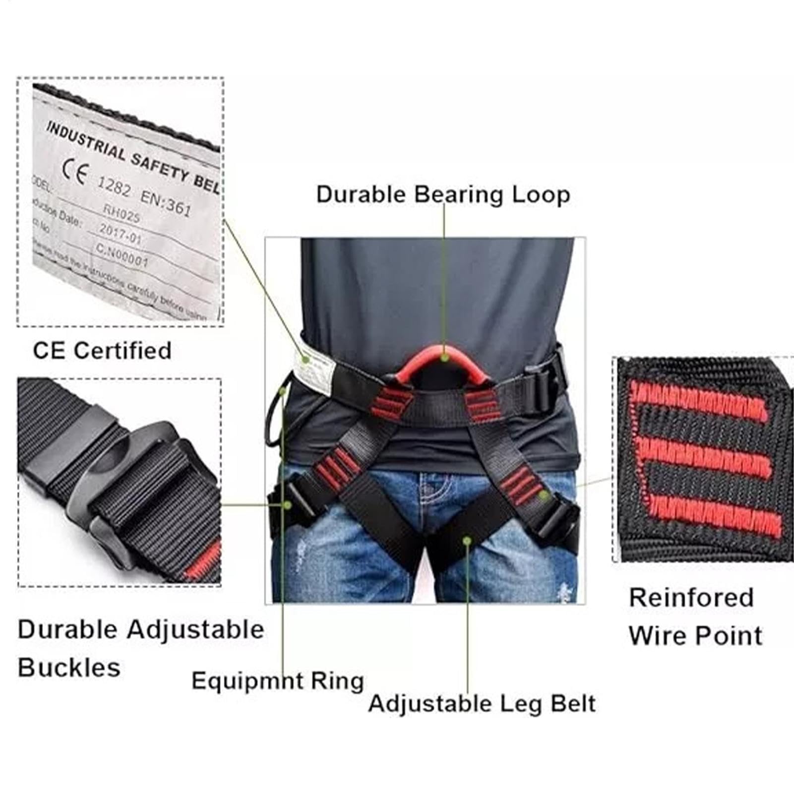 Arnés de escalada para tejados, Arnés para tejados de medio cuerpo - Cinturones de seguridad de cintura ajustables para escalada en roca - Carga de rodamiento de 300 kg, equipo de escalada