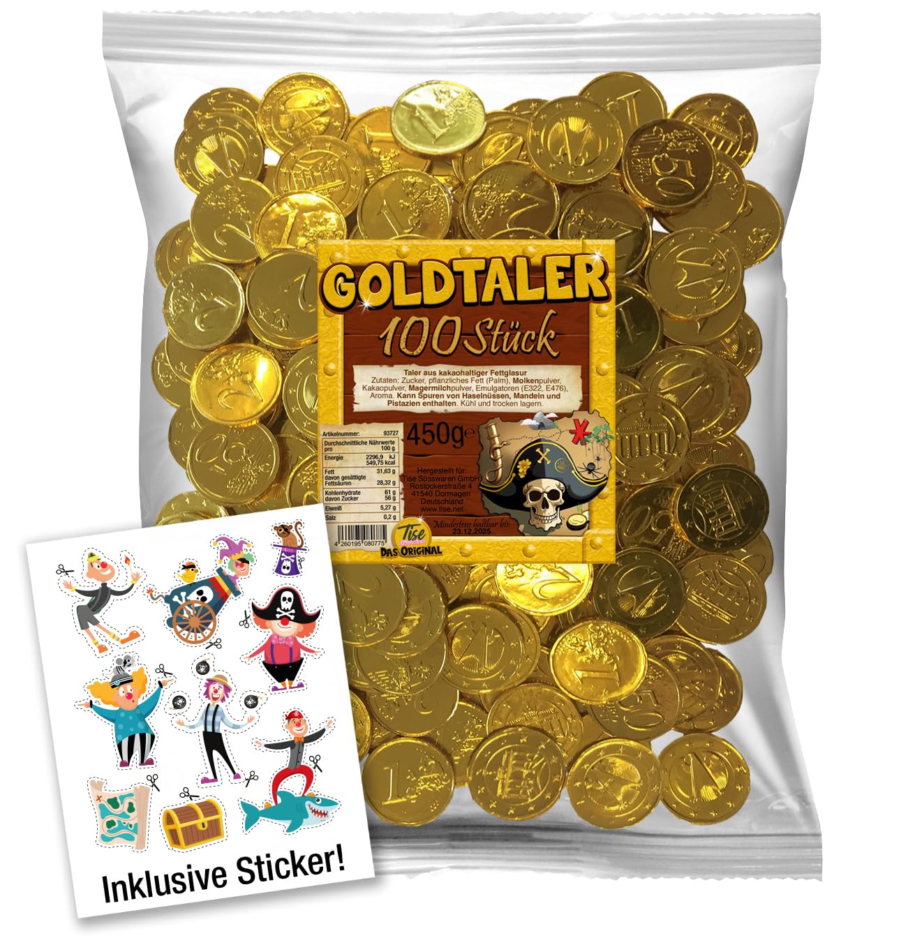 Schoko Goldtaler / Euromünzen (100 Stück) ideal für Schatzsuchen, Kindergeburtstage oder als Mitgebsel inkl. Piratensticker