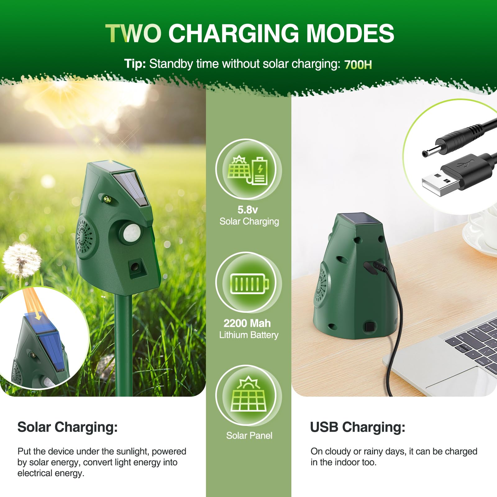 Repellente per Gatti Esterno, Repellente Piccioni Ultrasuoni Solare, Dissuasore per Uccelli, Ricarica USB & Energia Solare, Repellente Gatti Cani da Giardino per Piccione, Coniglio, Uccelli, Volpe