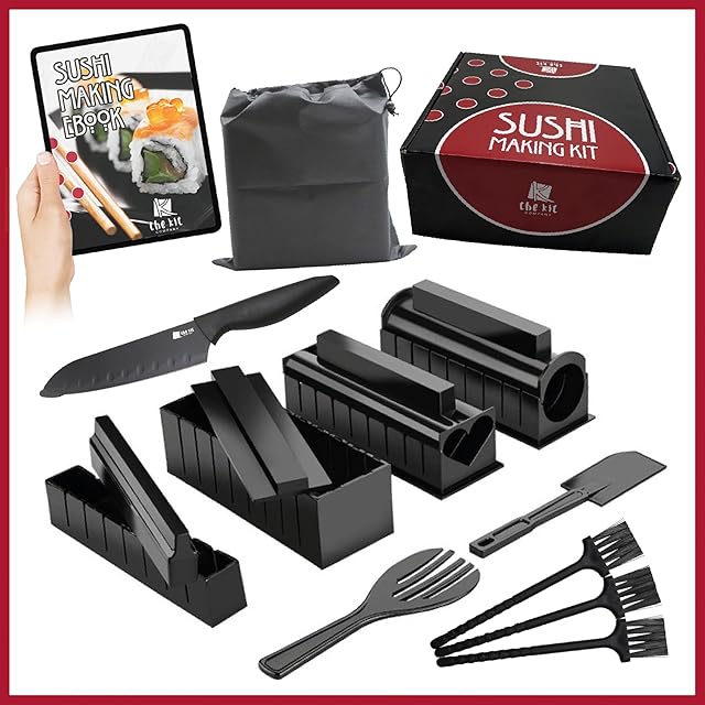 The Kit Company Sushi Making Kit | 15-częściowy zestaw zawierający przybory i akcesoria wraz ze szczegółowym e-bookiem | Profesjonalny nóż do sushi, łopatka i futerał