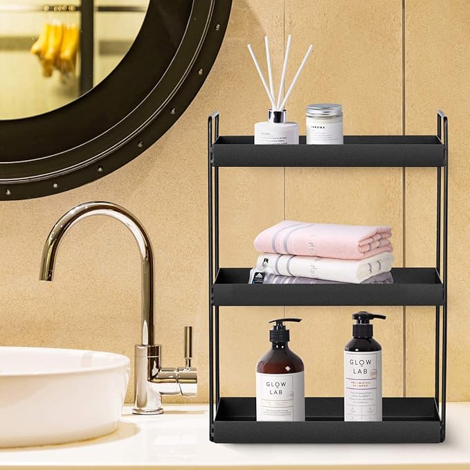 Organizador de Baño de 3 Niveles para Encimera, Estante de Metal Negro miniatura 2