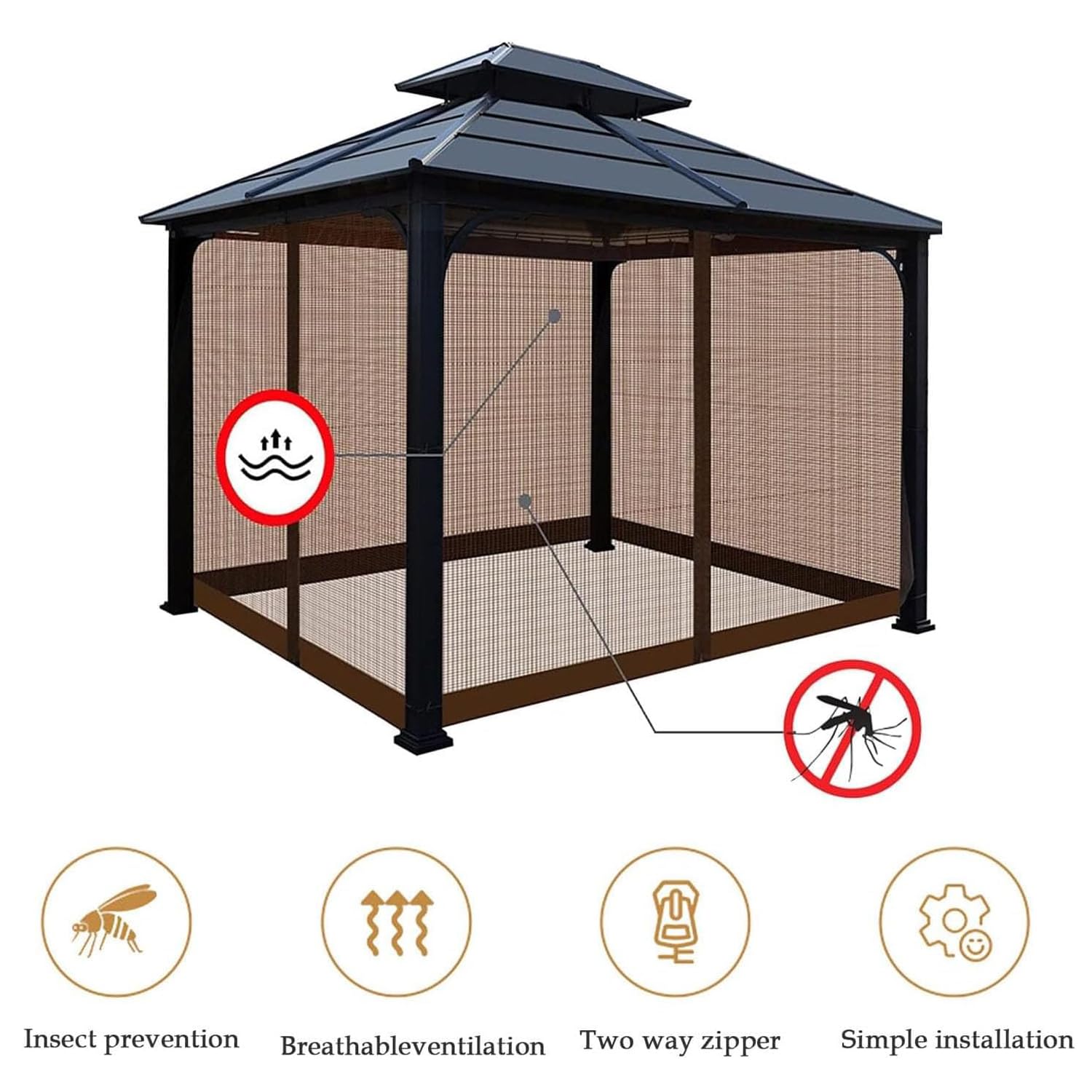 Zanzariera di Ricambio per Gazebo Con Cerniera，Marrone：360x360x220cm | Rete Di Ricambio per Gazebo, 4 Pareti Laterali Zanzariere da Esterno Giardino, Rete Anti-Moscerini per Patio
