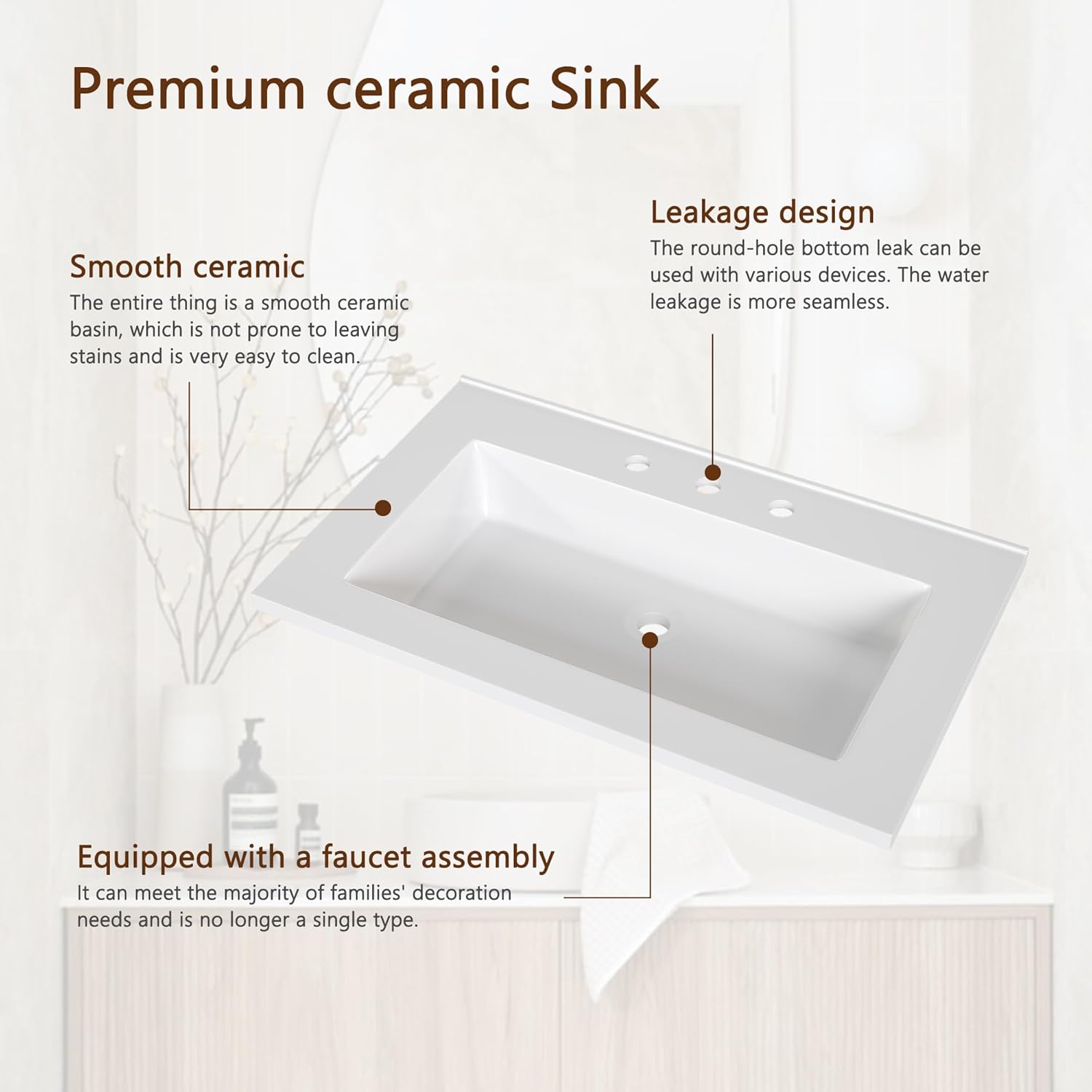 LINLUX 31” Bathroom Vanity with Ceramic Sink, Fluted Wood Storage Cabinet, Large Drawer & Cabinet for Bathroom Organization, Easy to Clean & Install, Natural Wood