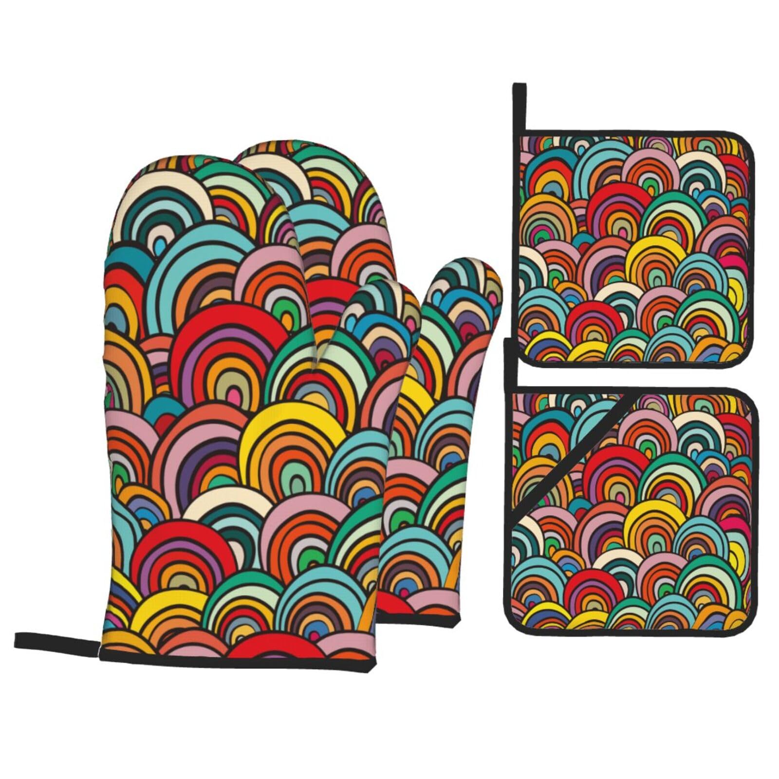 Gearsly Oven Mitts and Pot Holders Set of 4,Colorful Geometric Rainbow Oven Gloves Heat Resistant Pads Non-Slip Waterproof for Kitchen Baking Cooking Grilling