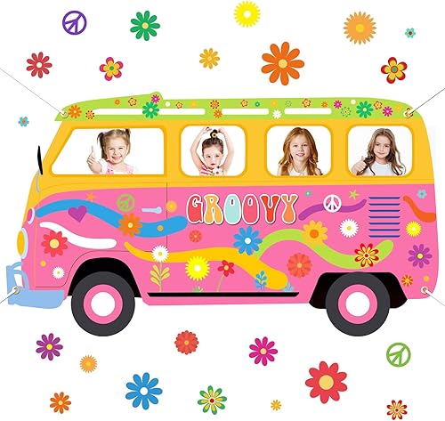 Gran accesorio de fotos en forma de autobús hippie de los años 60 y 70, decoración de fiesta de tela retro para furgoneta, cartel hippie para fotos