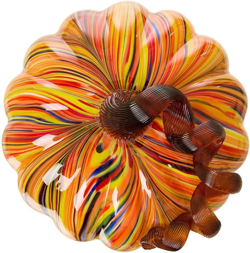 glitzhome Hand Blown Rainbow Striped Glass Pumpkin Table Accent for Fall & Harvest Thanksgiving Decorating(6.5 Inch)