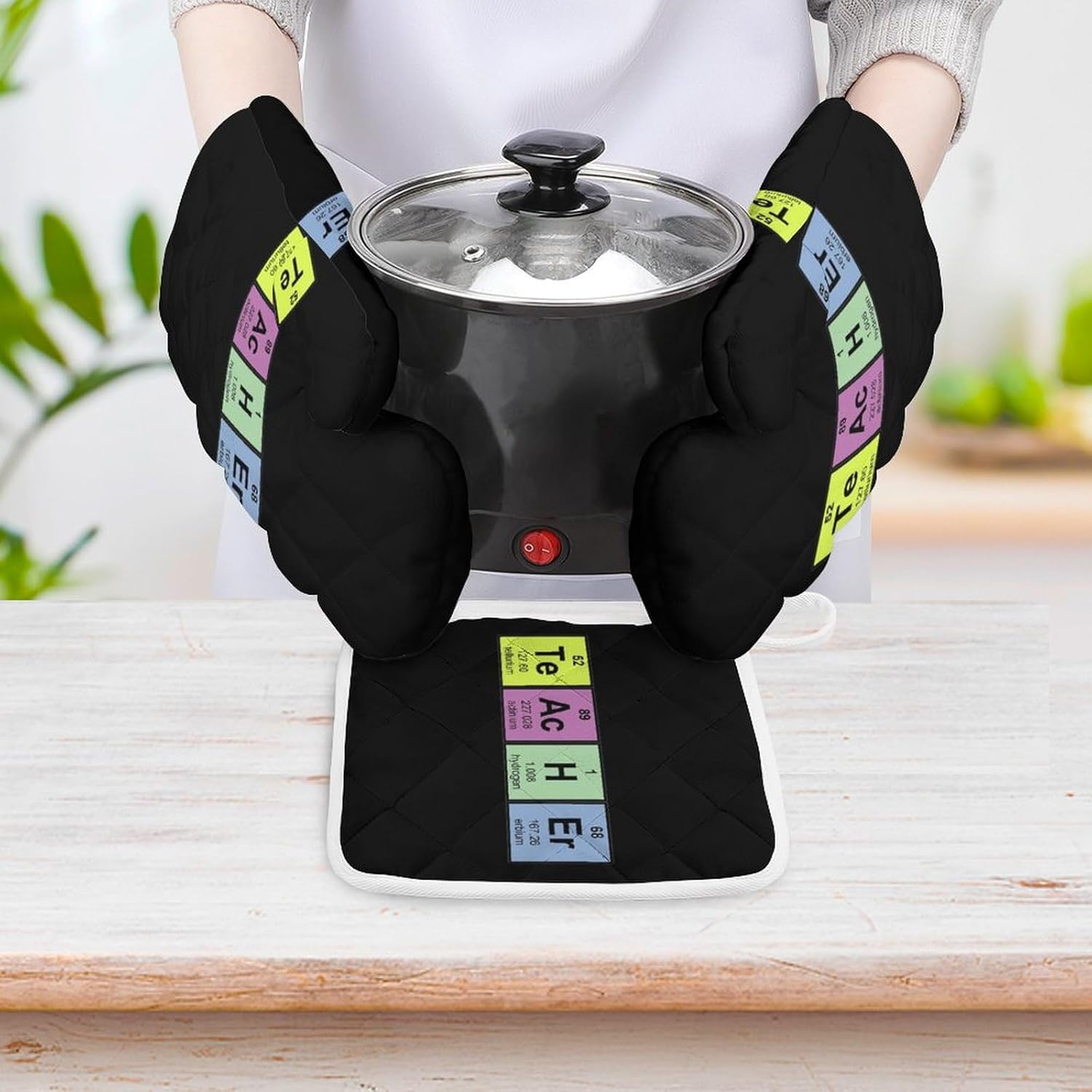 Science Teacher Chemical Elements Print Oven Mitts and Pot Holders 3 Piece Sets Heat Resistant Gloves Hot Pads Potholders for Kitchen Baking Cooking